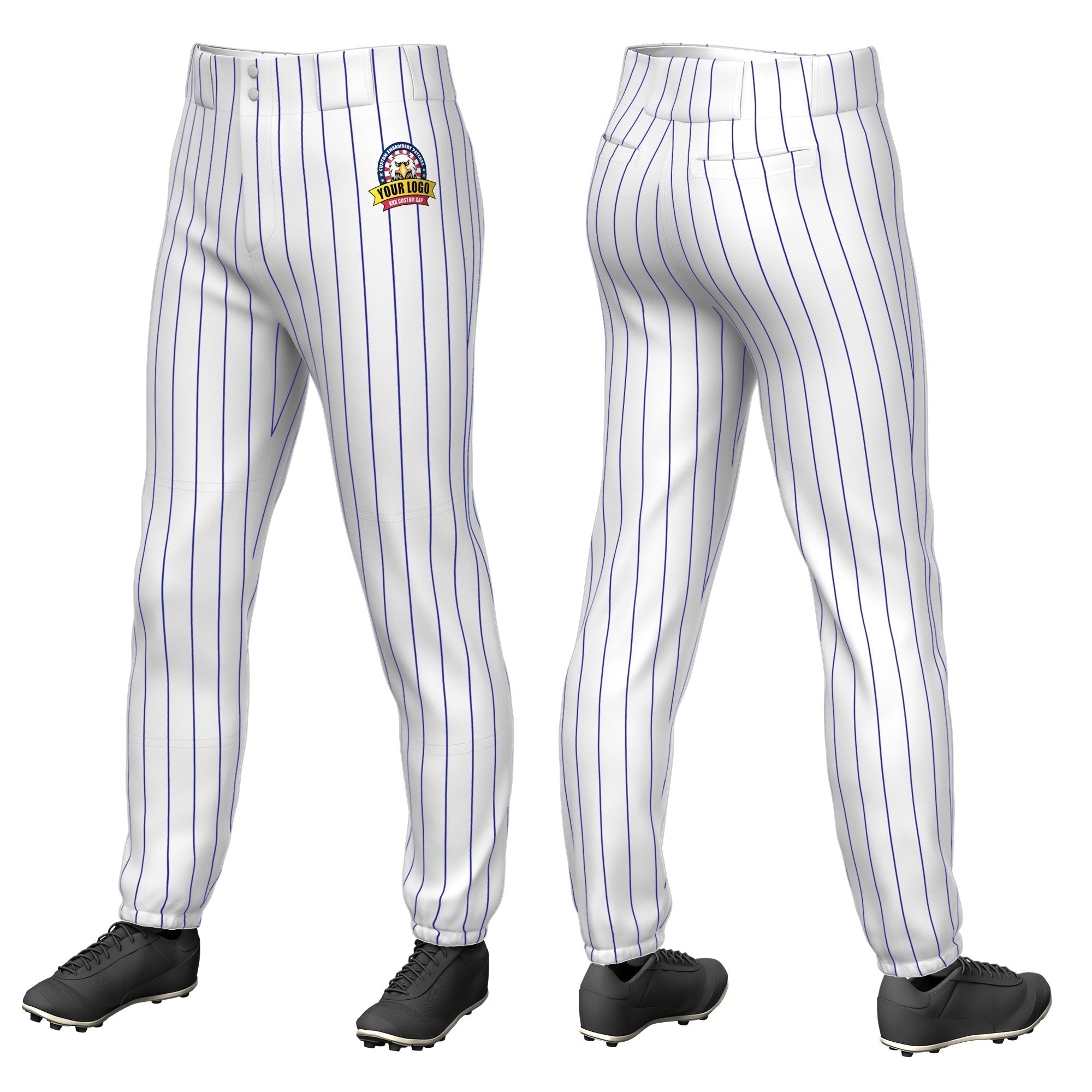 Custom White Royal Pinstripe Fit Stretch Practice Pull  Up Baseball Pants