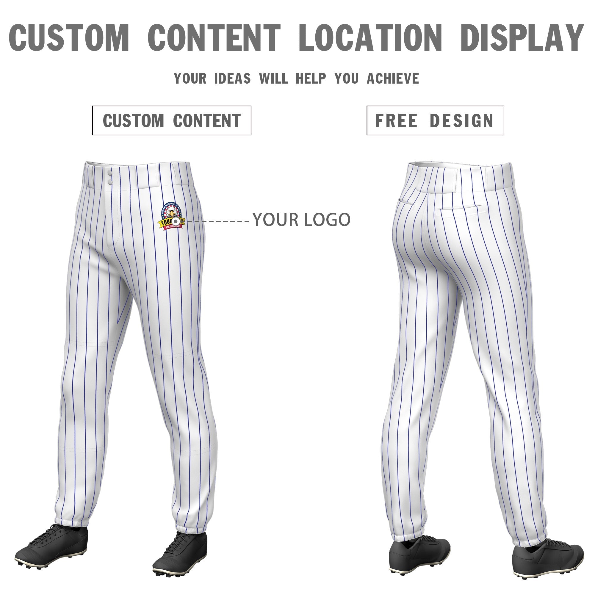 Custom White Royal Pinstripe Fit Stretch Practice Pull  Up Baseball Pants