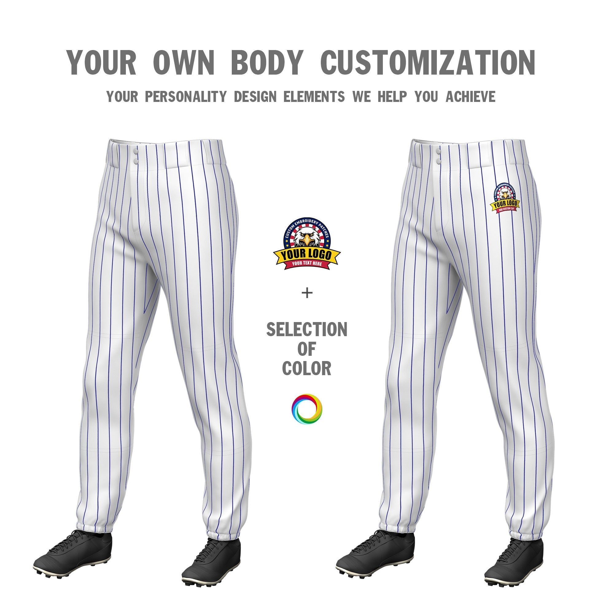 Custom White Royal Pinstripe Fit Stretch Practice Pull  Up Baseball Pants