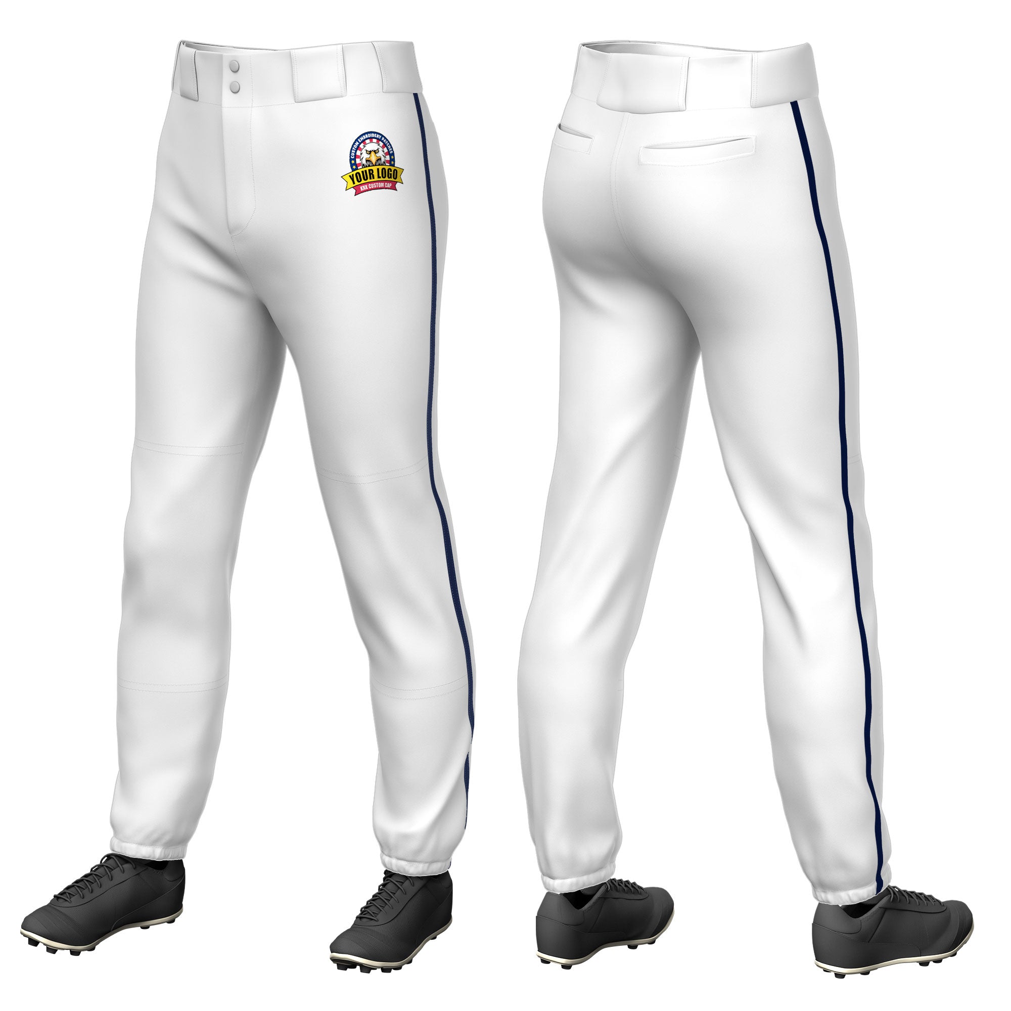 Custom White Navy Pinstripe Fit Stretch Practice Pull  Up Baseball Pants