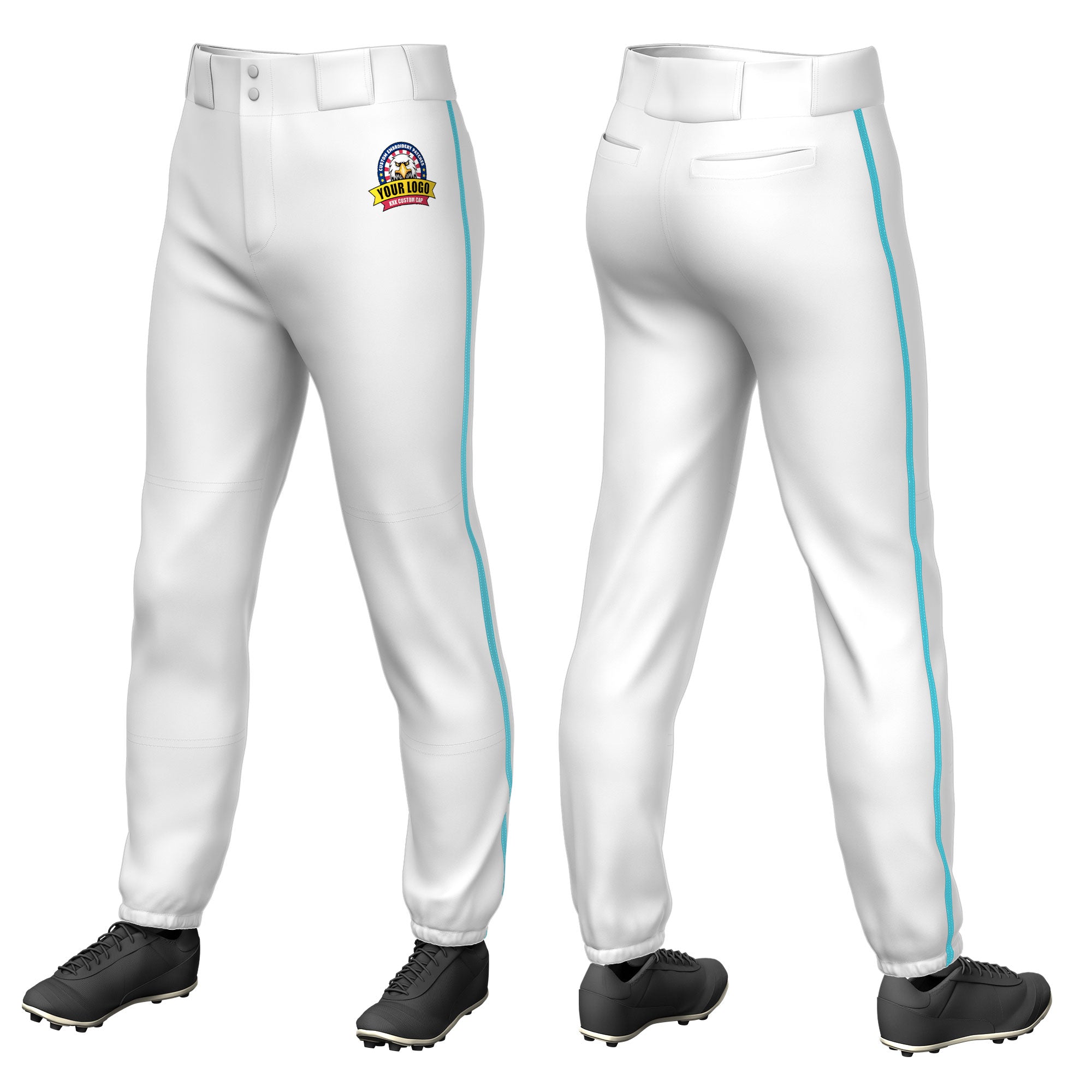 Custom White Sky Blue Pinstripe Fit Stretch Practice Pull  Up Baseball Pants