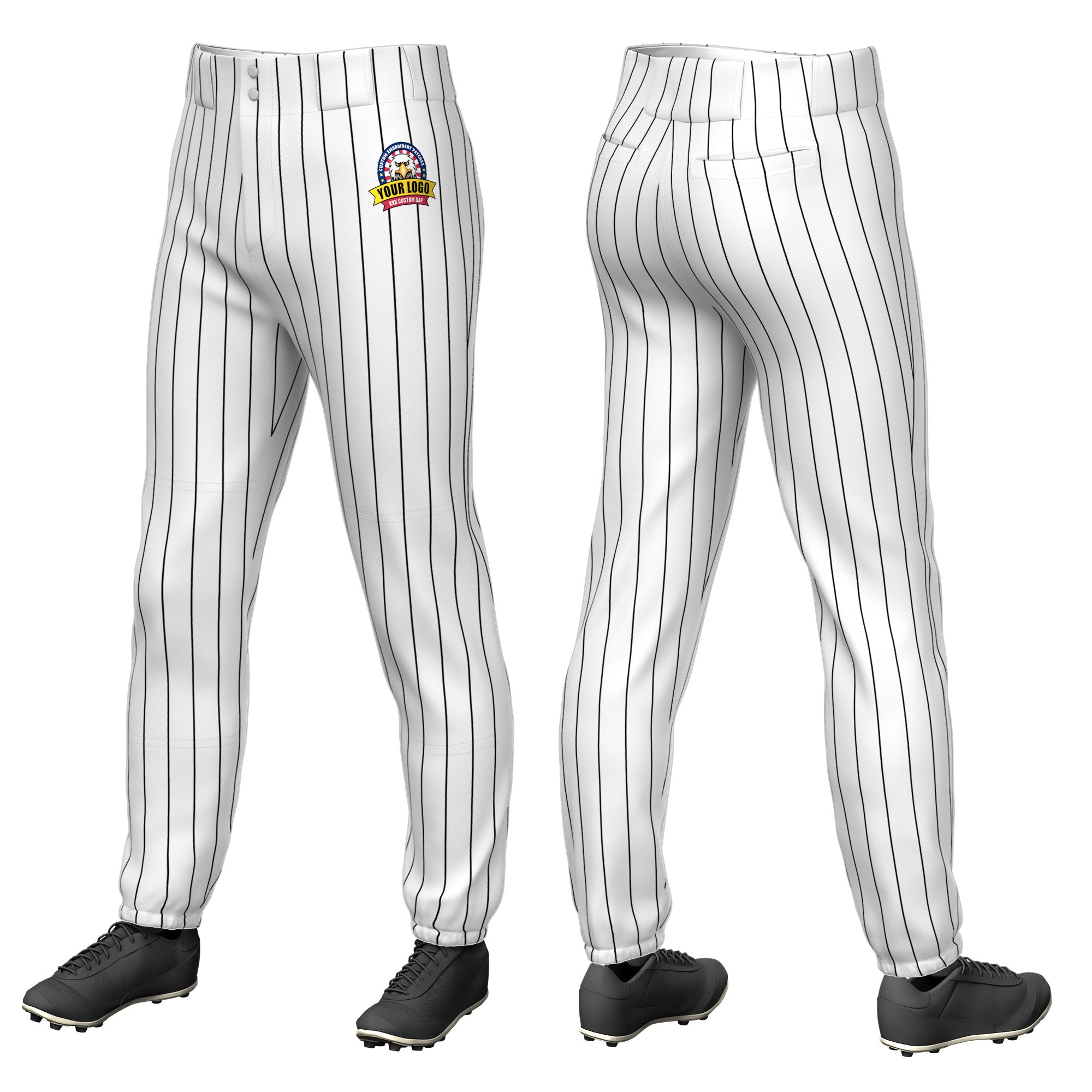 Custom White Black Pinstripe Fit Stretch Practice Pull  Up Baseball Pants