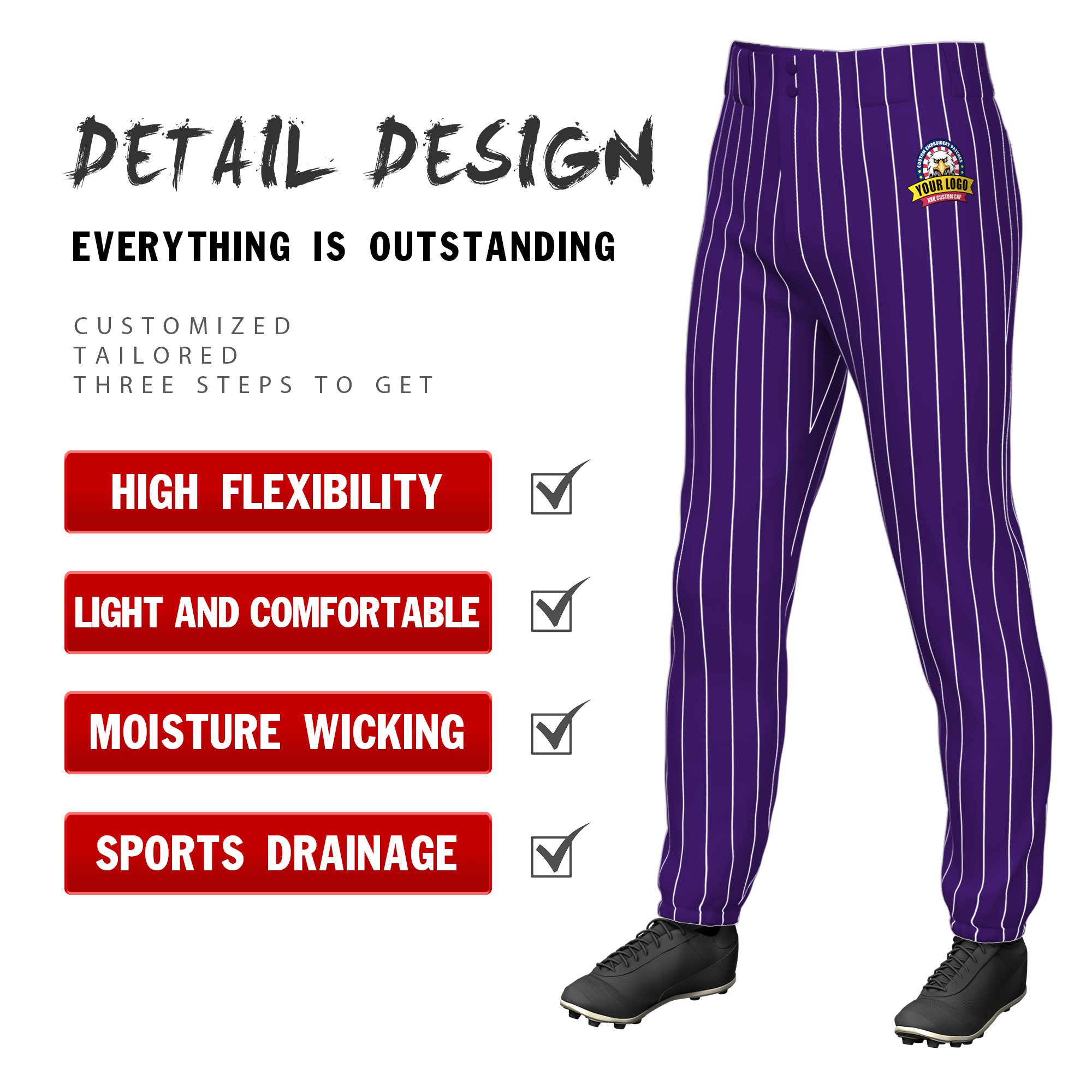 Custom Purple White Pinstripe Fit Stretch Practice Pull  Up Baseball Pants