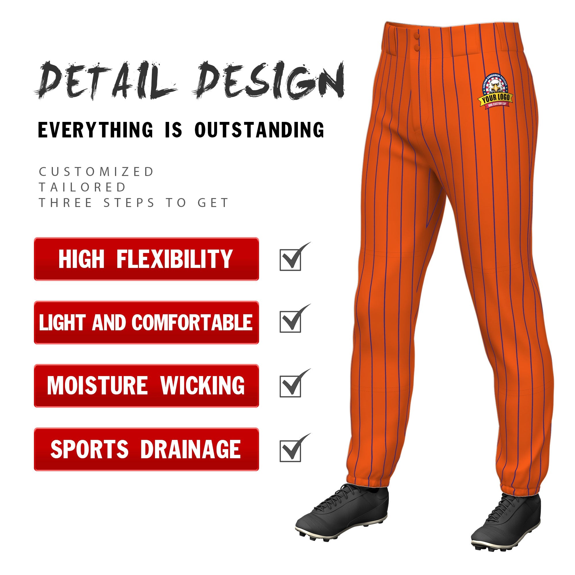 Custom Cadmium Orange Royal Pinstripe Fit Stretch Practice Pull  Up Baseball Pants