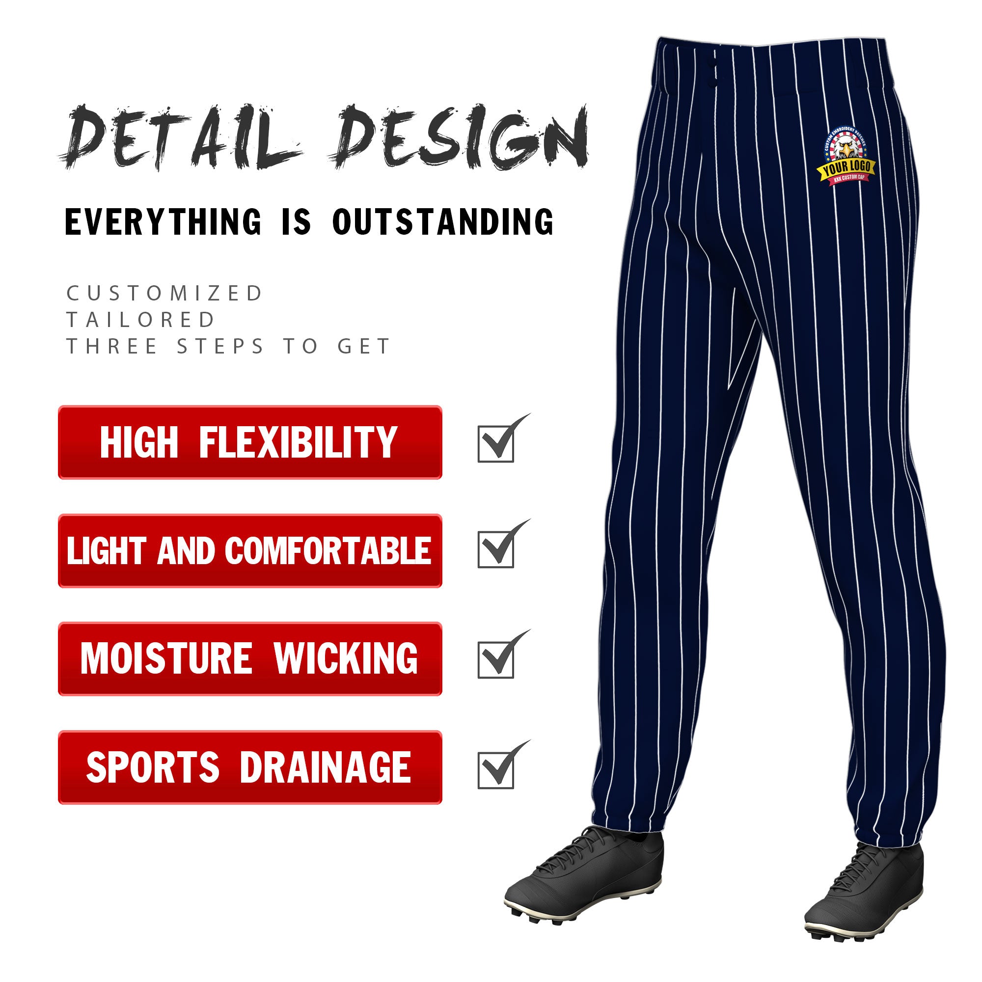 Custom Navy White Pinstripe Fit Stretch Practice Pull  Up Baseball Pants