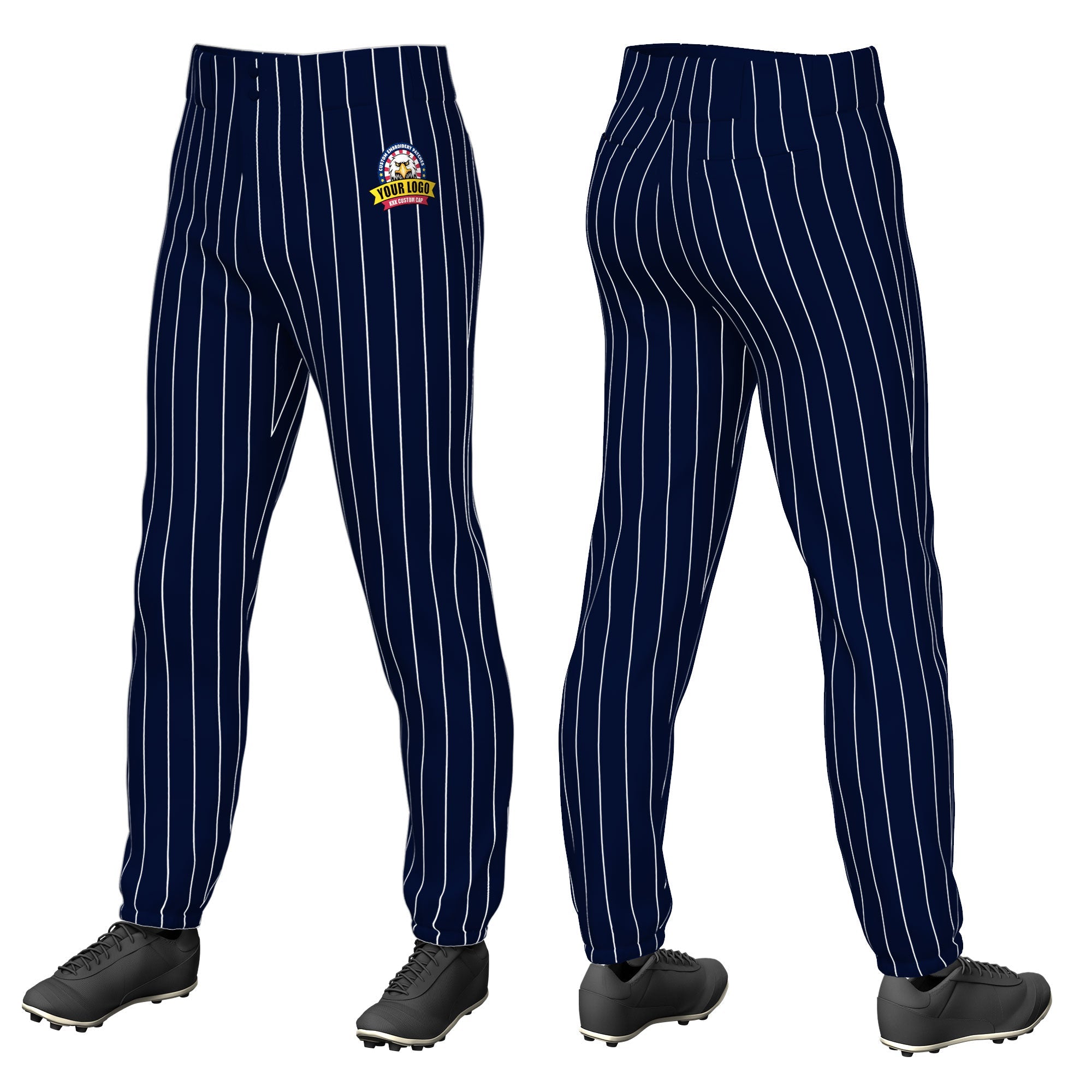 Custom Navy White Pinstripe Fit Stretch Practice Pull  Up Baseball Pants