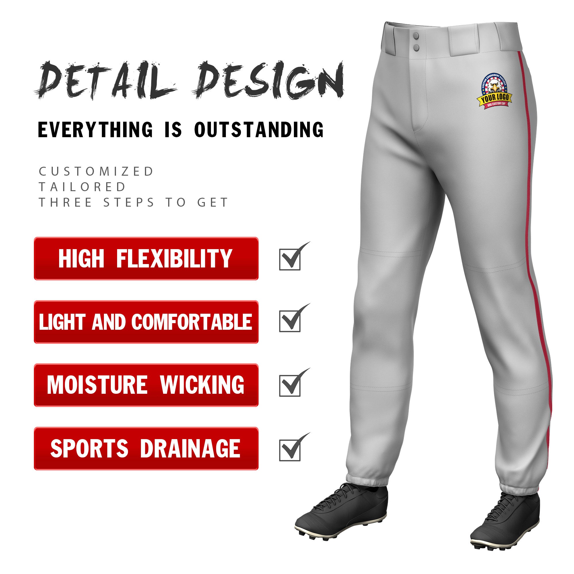 Custom Gray Red Pinstripe Fit Stretch Practice Pull  Up Baseball Pants