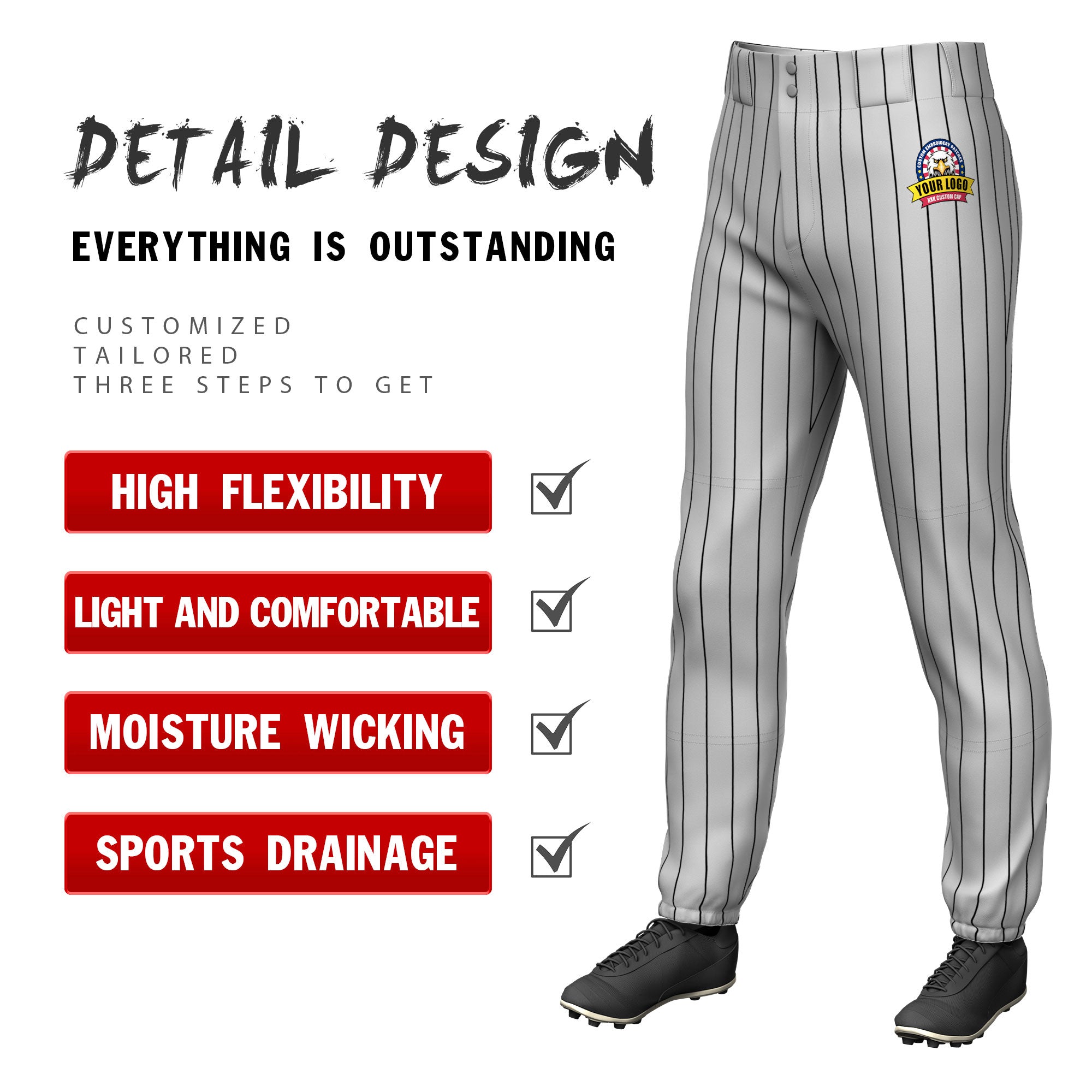 Custom Gray Black Pinstripe Fit Stretch Practice Pull  Up Baseball Pants