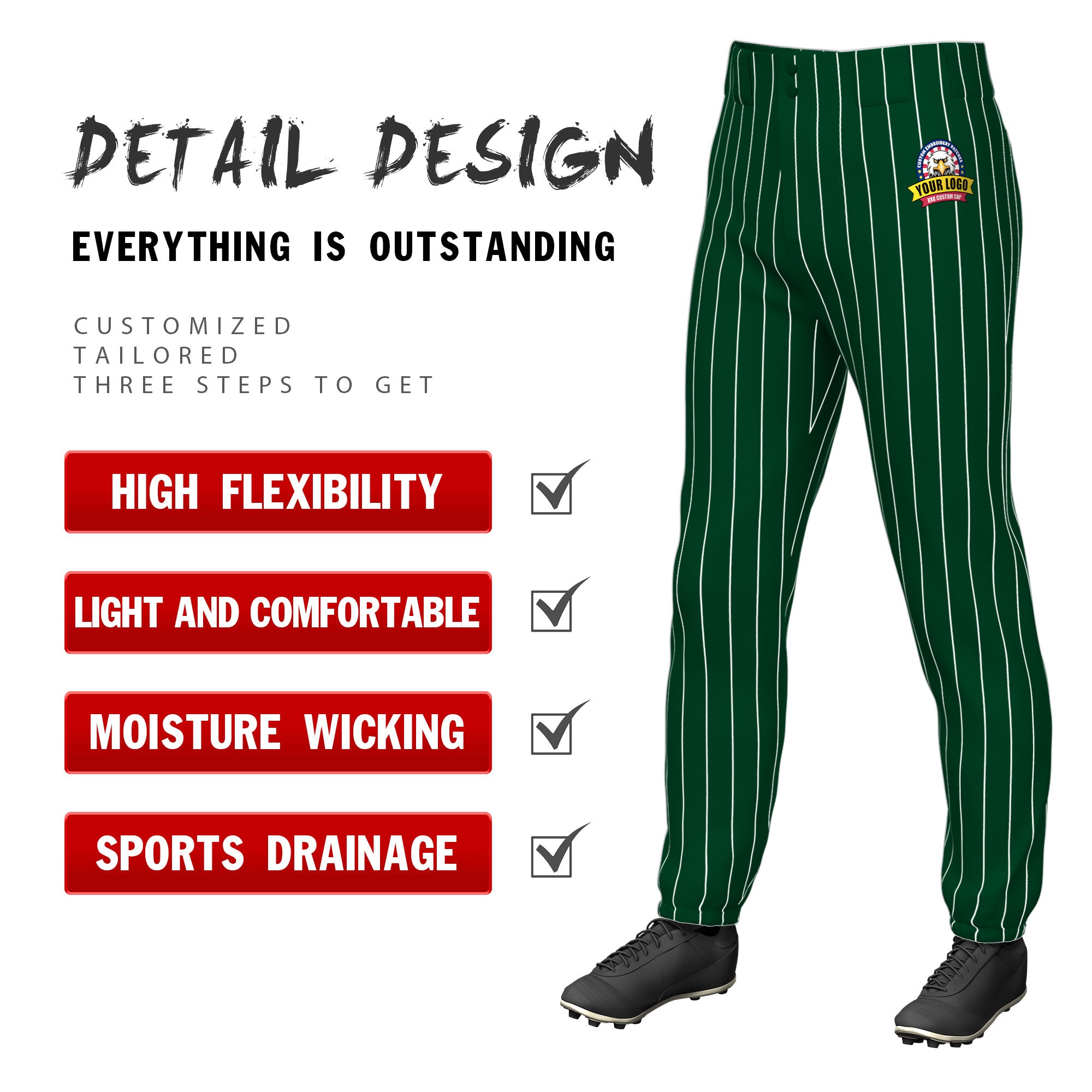 Custom Green White Pinstripe Fit Stretch Practice Pull  Up Baseball Pants