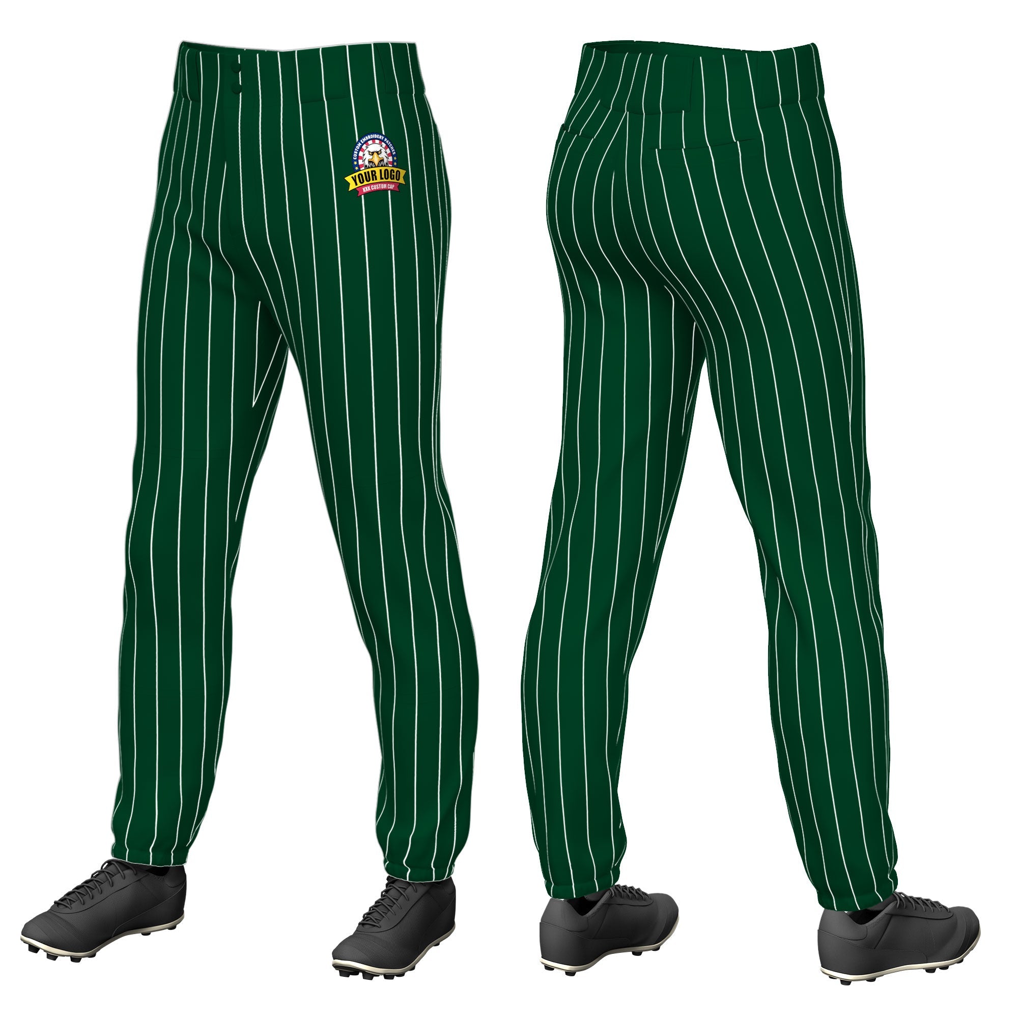 Custom Green White Pinstripe Fit Stretch Practice Pull  Up Baseball Pants