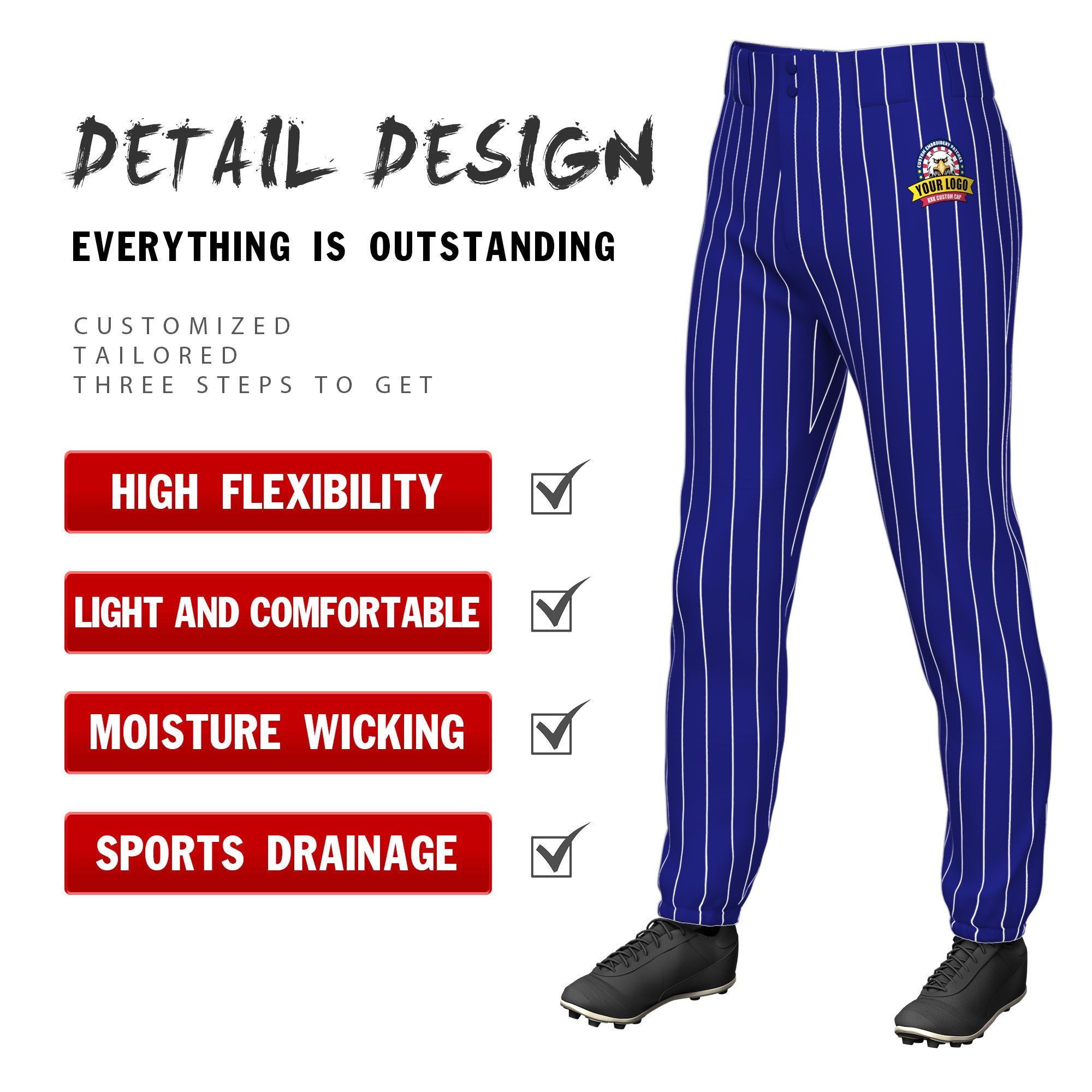 Custom Royal White Pinstripe Fit Stretch Practice Pull  Up Baseball Pants