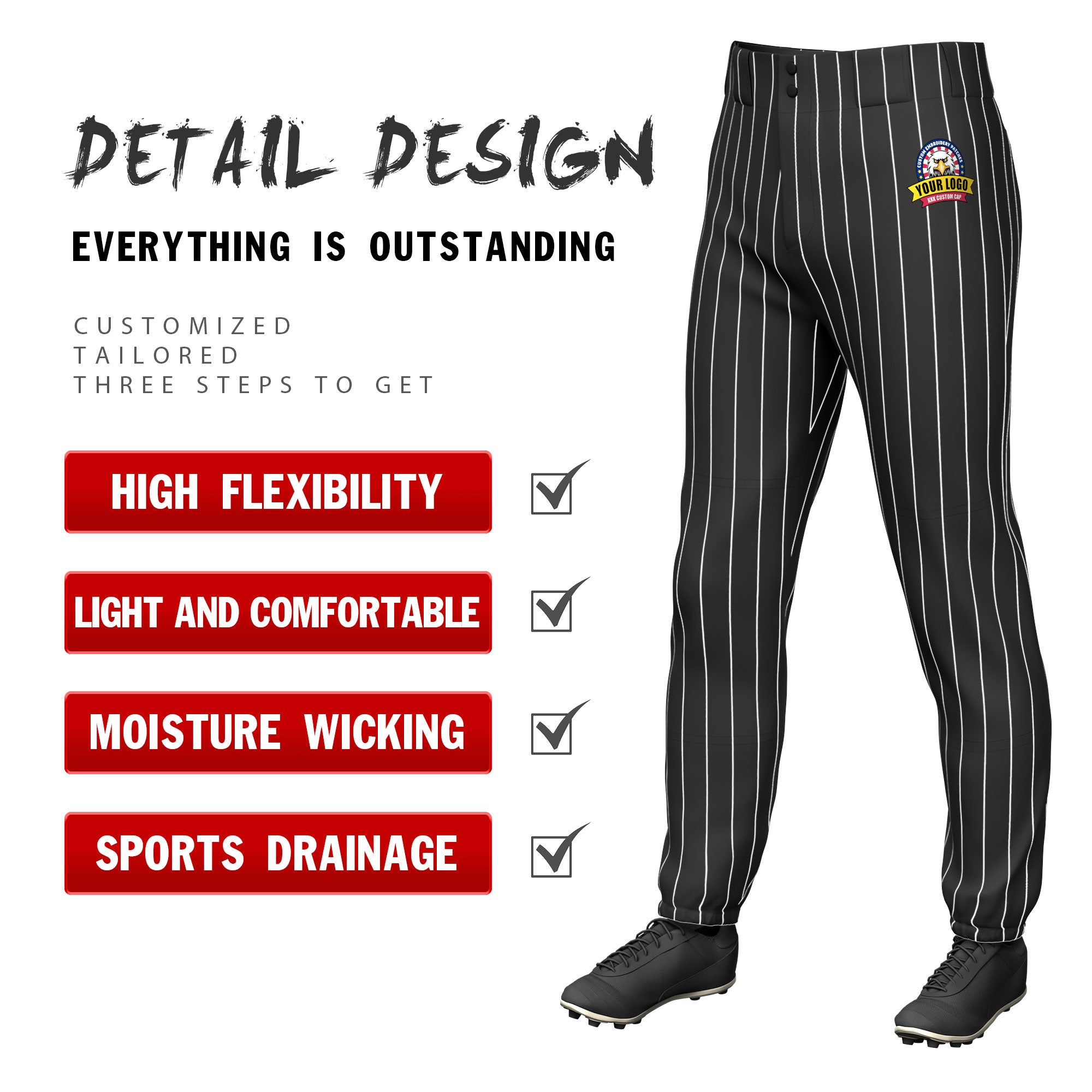 Custom Black White Pinstripe Fit Stretch Practice Pull  Up Baseball Pants