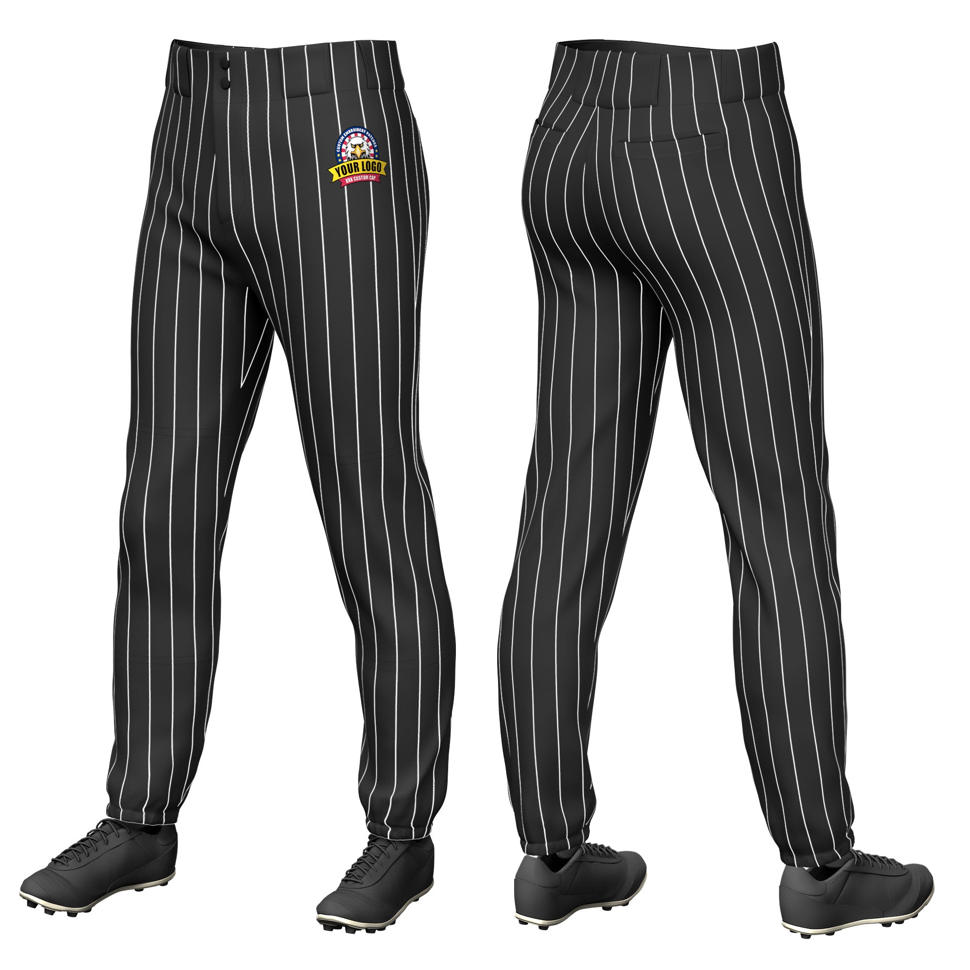 Custom Black White Pinstripe Fit Stretch Practice Pull  Up Baseball Pants