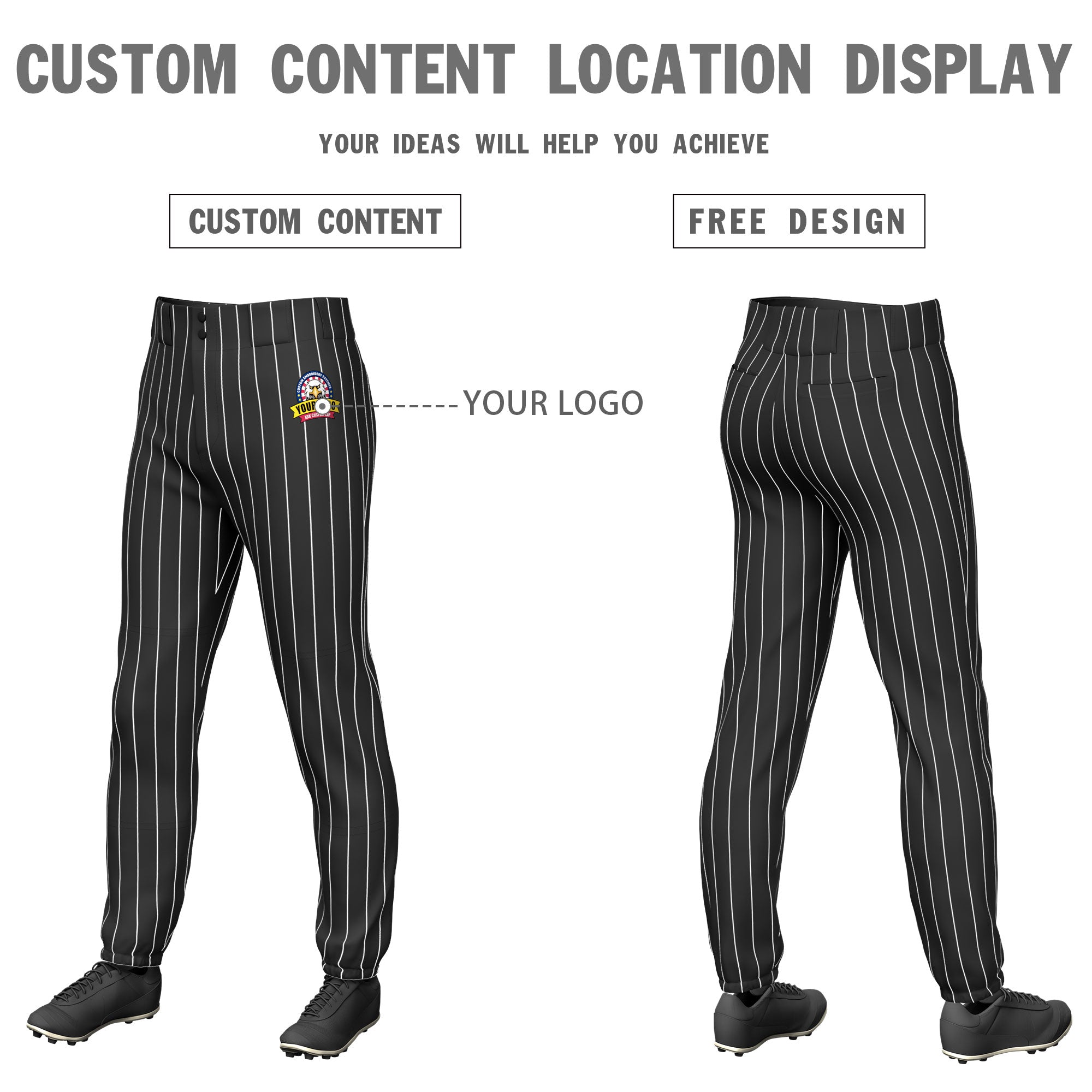 Custom Black White Pinstripe Fit Stretch Practice Pull  Up Baseball Pants