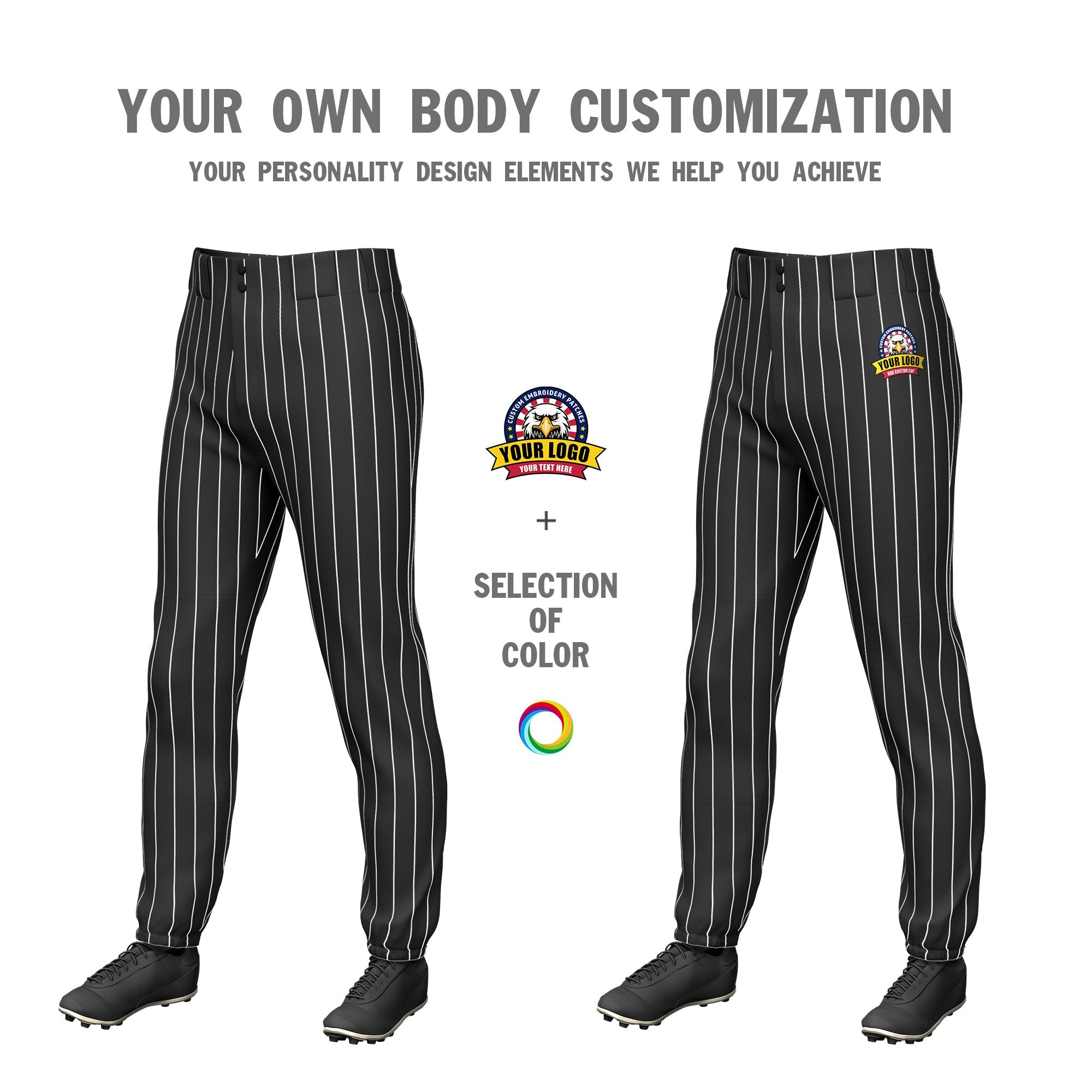 Custom Black White Pinstripe Fit Stretch Practice Pull  Up Baseball Pants