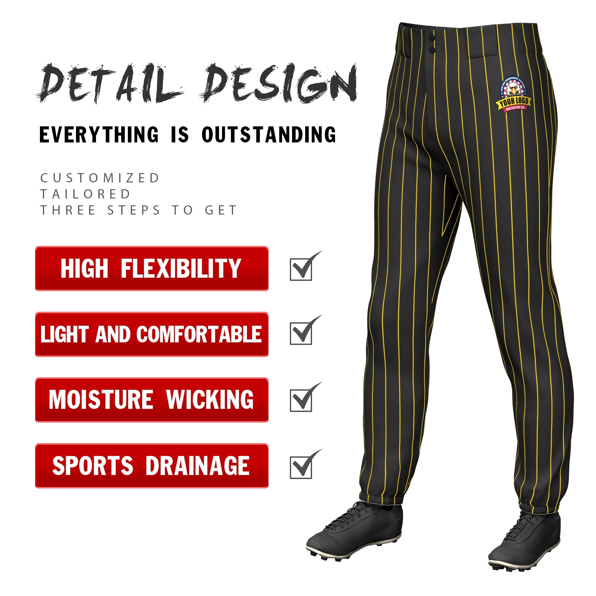 Custom Black Gold Pinstripe Fit Stretch Practice Pull  Up Baseball Pants