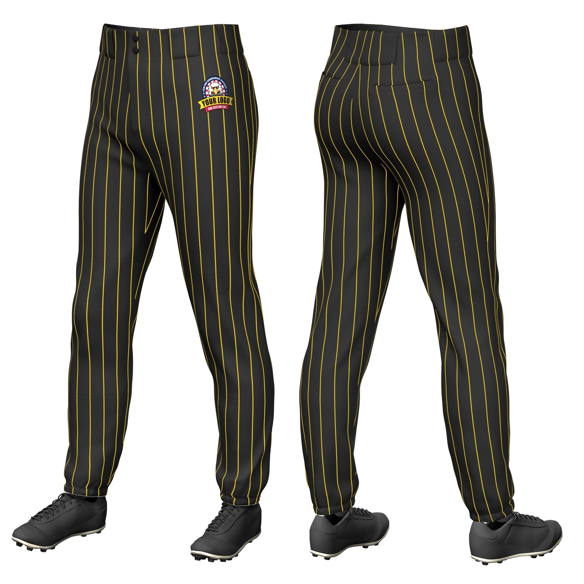 Custom Black Gold Pinstripe Fit Stretch Practice Pull  Up Baseball Pants