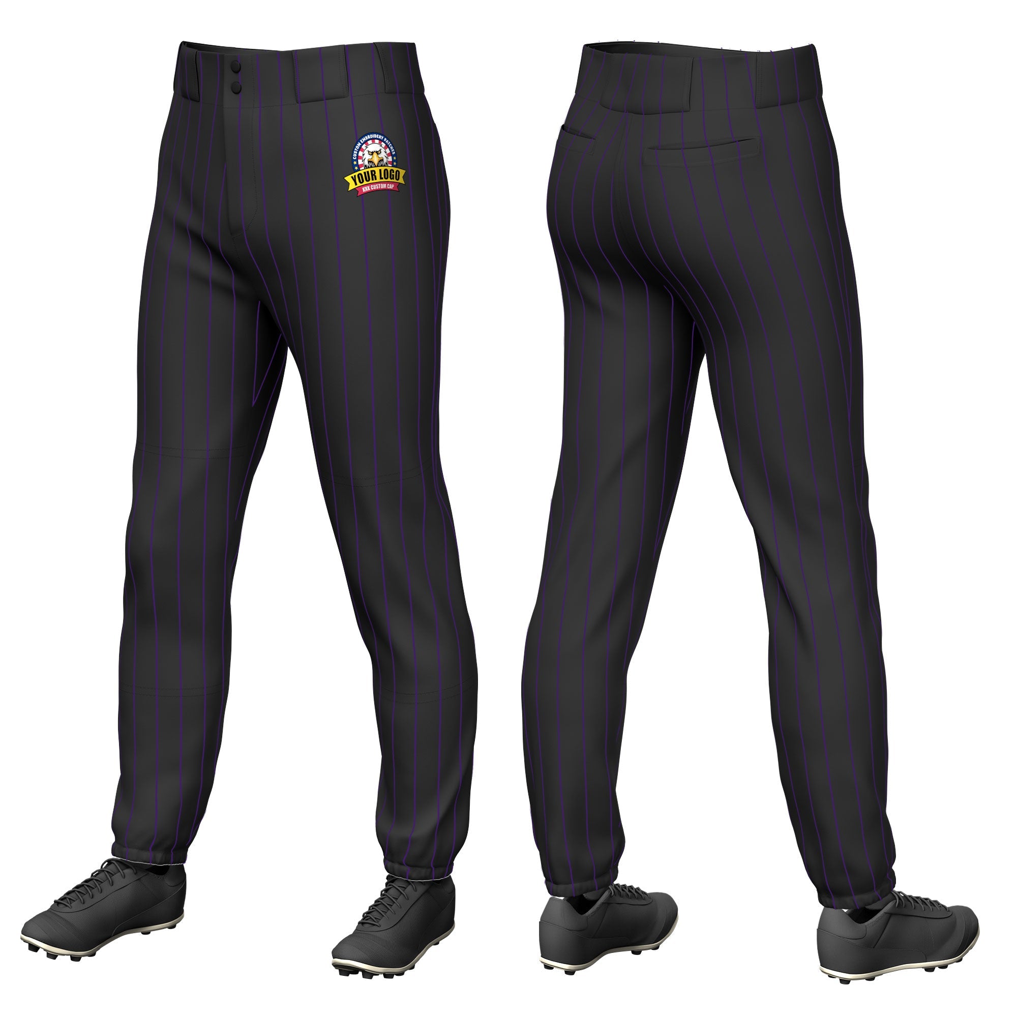 Custom Black Purple Pinstripe Fit Stretch Practice Pull  Up Baseball Pants