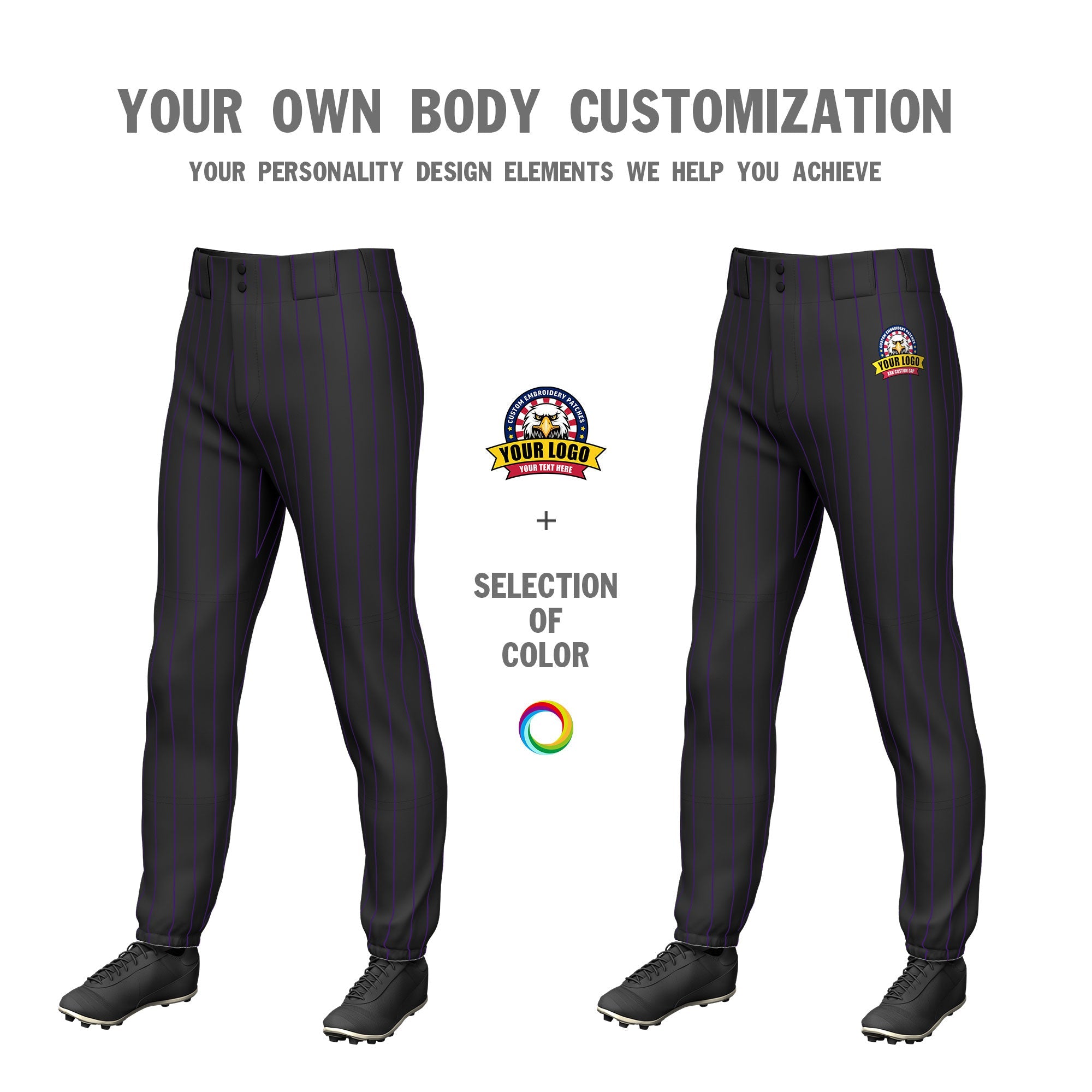 Custom Black Purple Pinstripe Fit Stretch Practice Pull  Up Baseball Pants