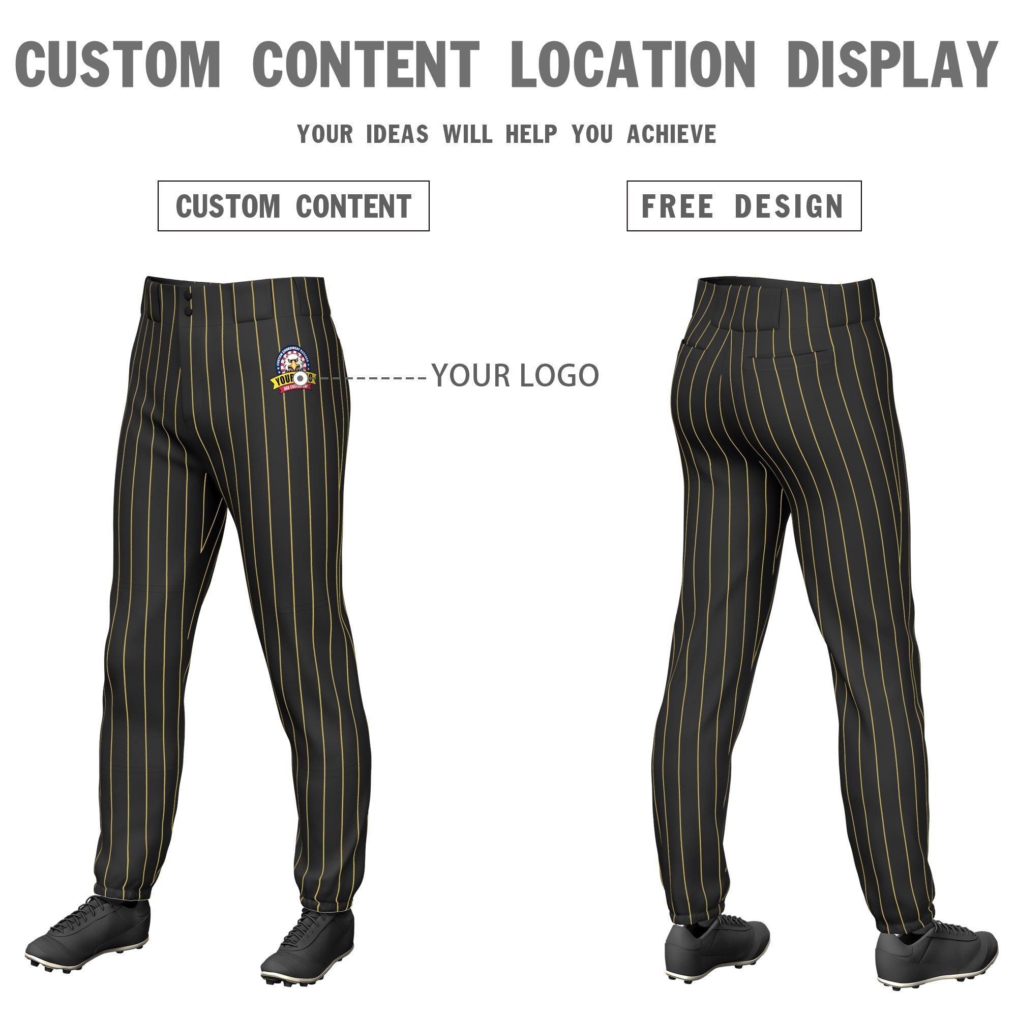 Custom Black Gold Pinstripe Fit Stretch Practice Pull  Up Baseball Pants