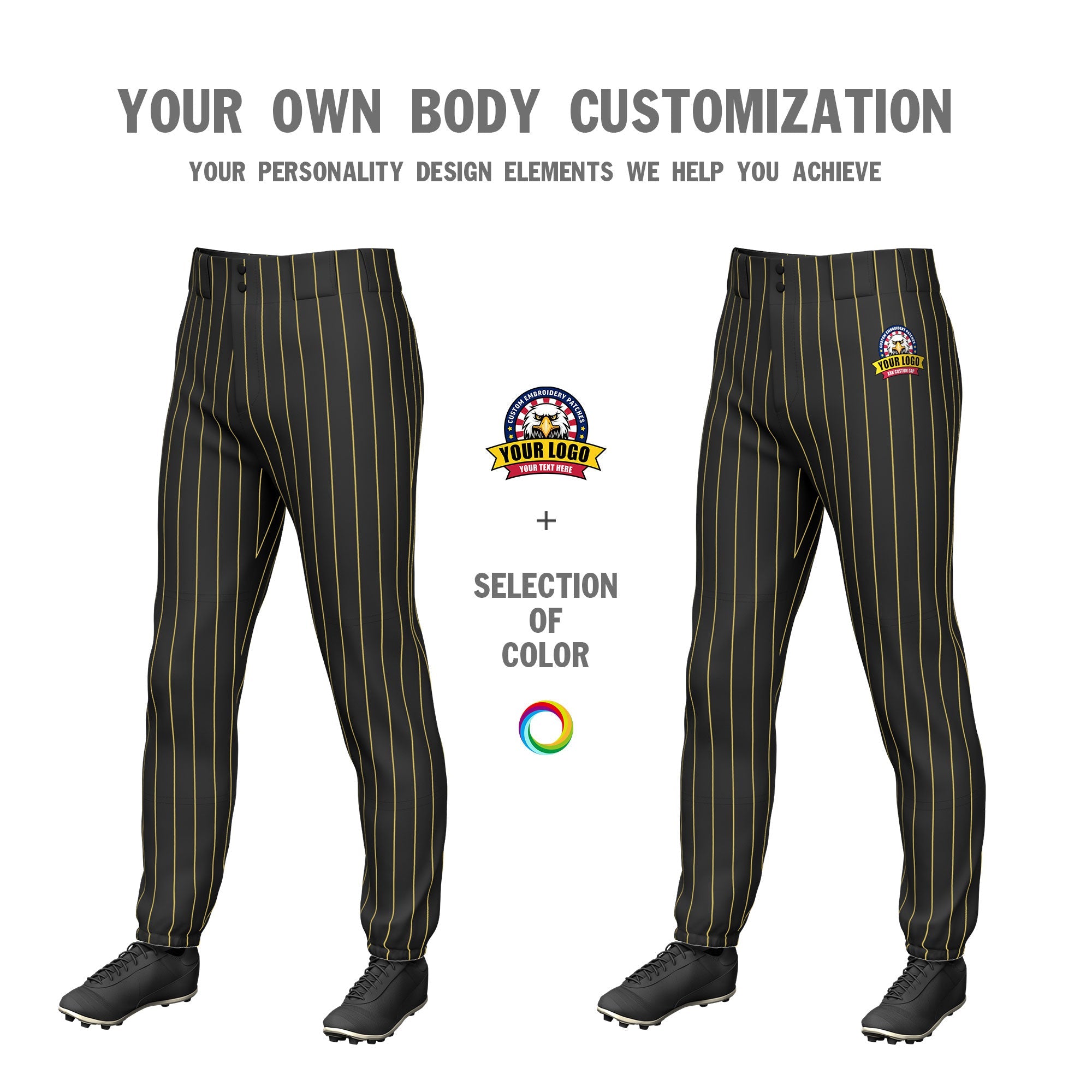 Custom Black Gold Pinstripe Fit Stretch Practice Pull  Up Baseball Pants