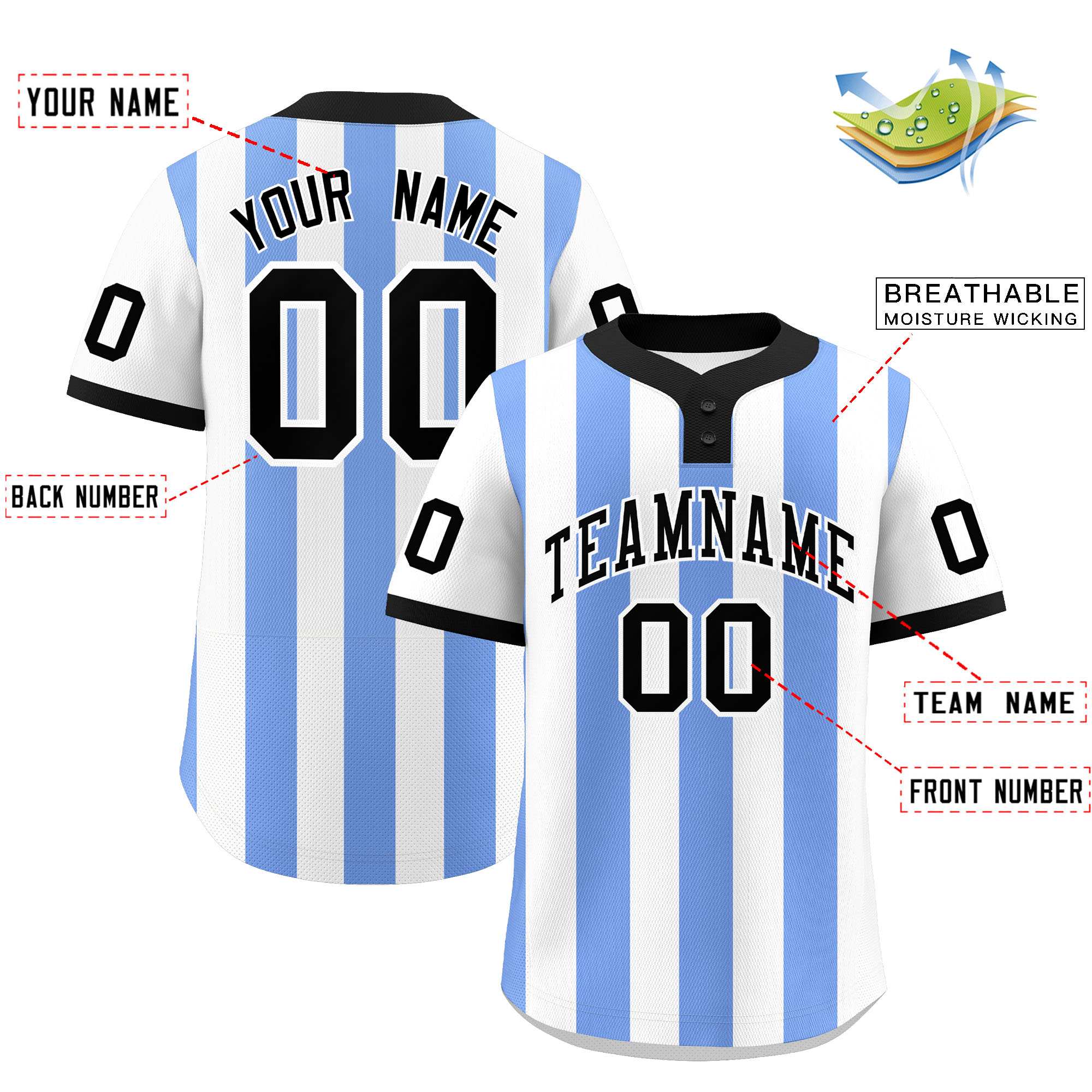 Custom White Light Blue Stripe Fashion Authentic Two-Button Baseball Jersey