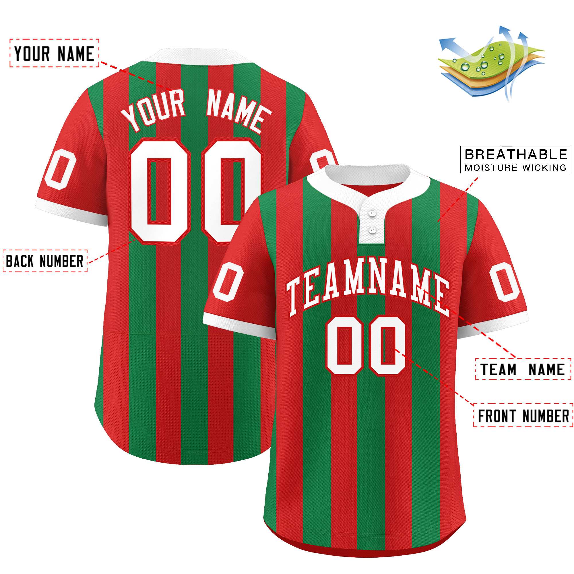 Custom Red Kelly Green Stripe Fashion Authentic Two-Button Baseball Jersey