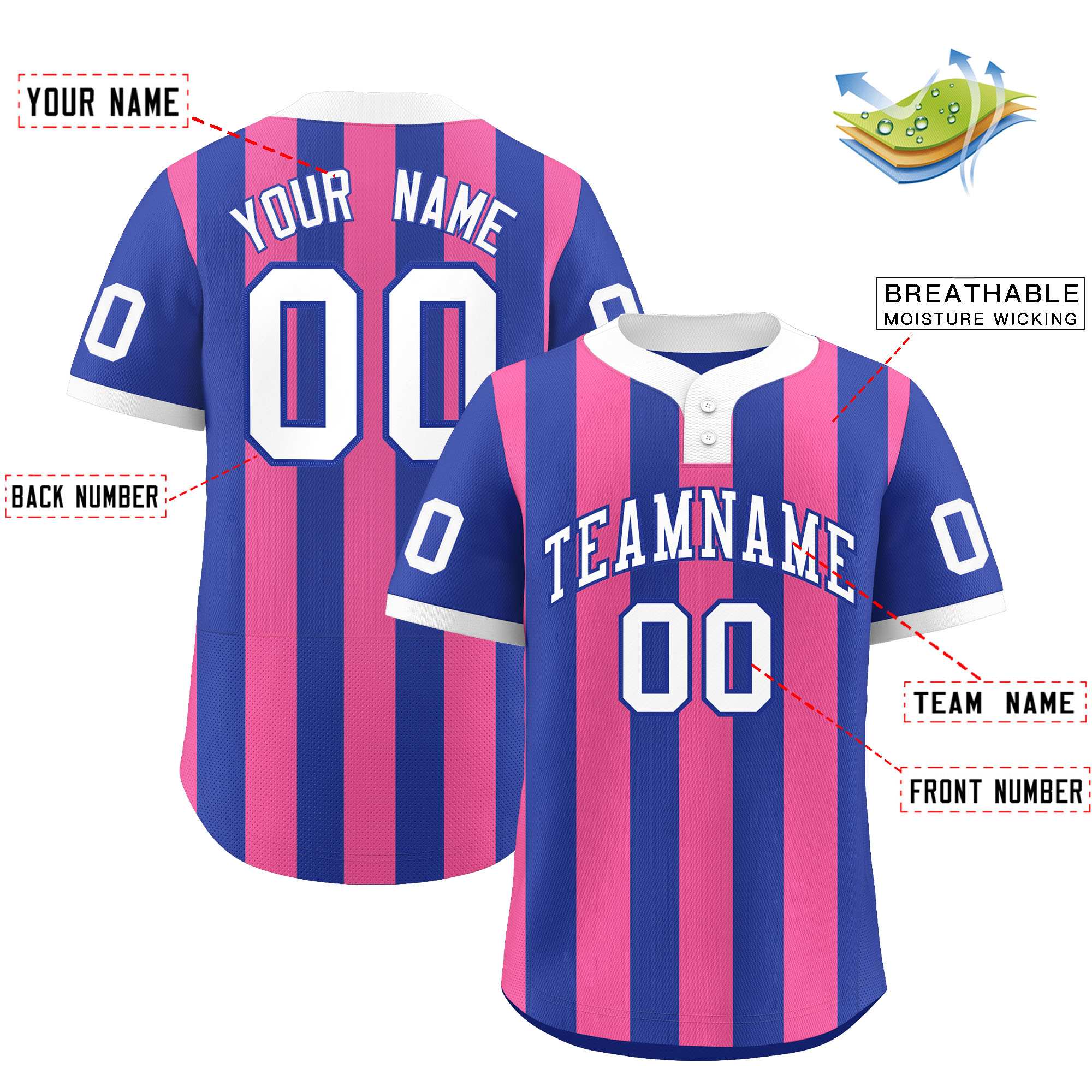 Custom Royal Pink Stripe Fashion Authentic Two-Button Baseball Jersey