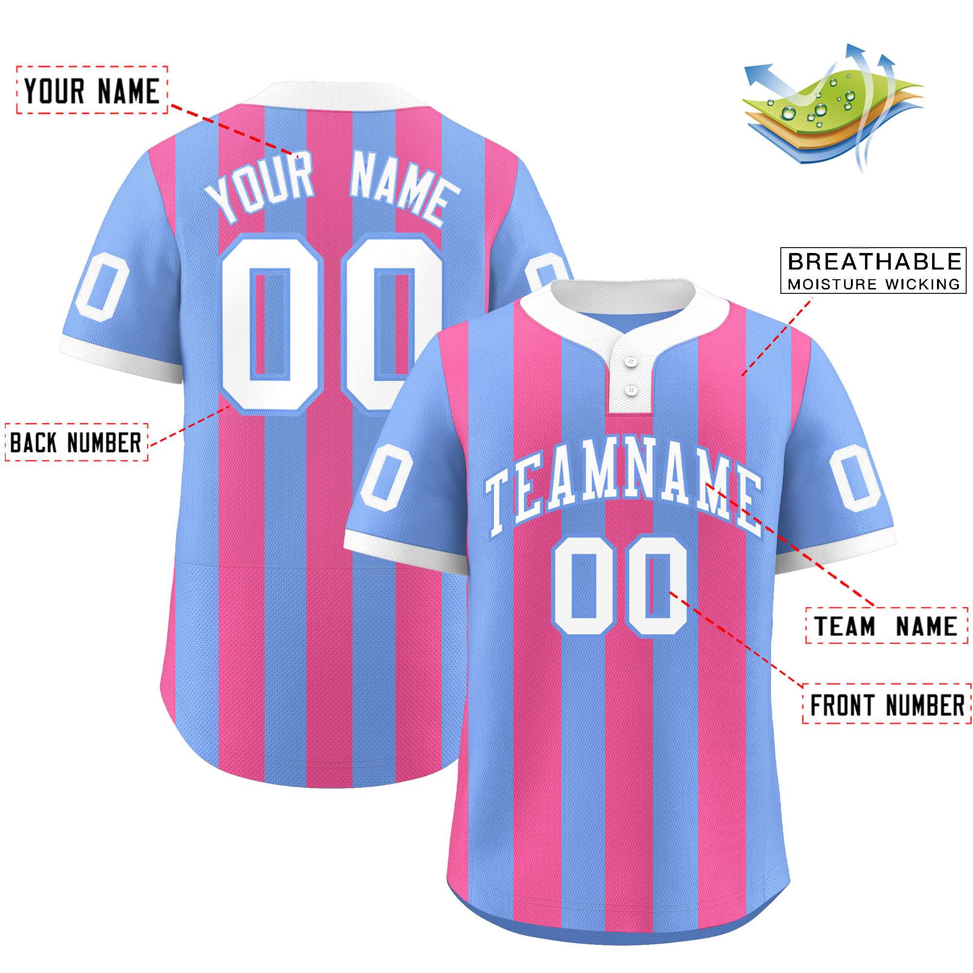 Custom Light Blue Pink Stripe Fashion Authentic Two-Button Baseball Jersey