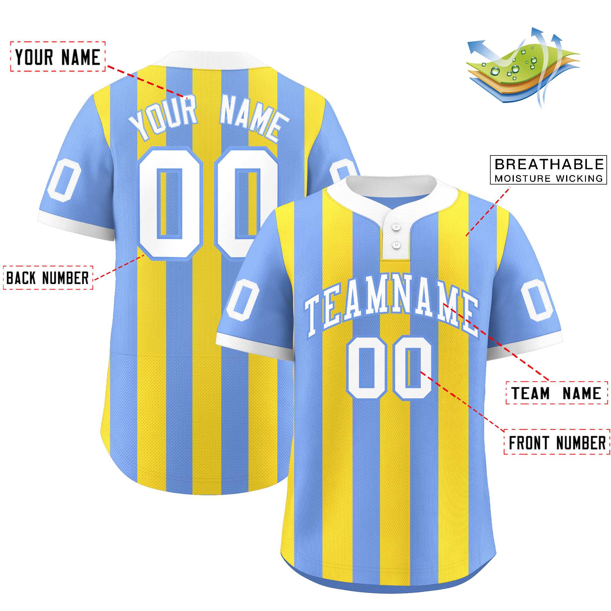 Custom Light Blue Gold Stripe Fashion Authentic Two-Button Baseball Jersey