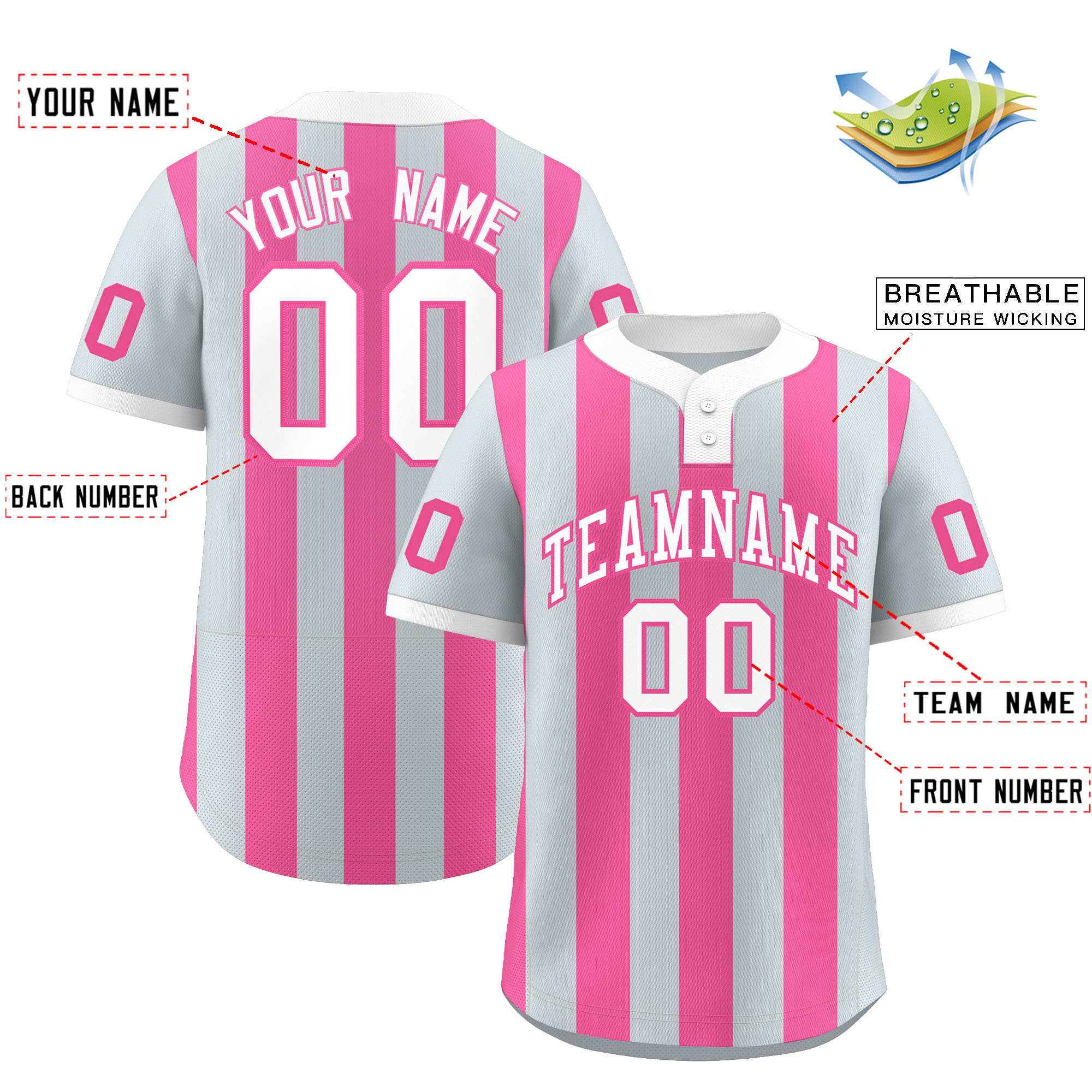 Custom Silver Pink Stripe Fashion Authentic Two-Button Baseball Jersey