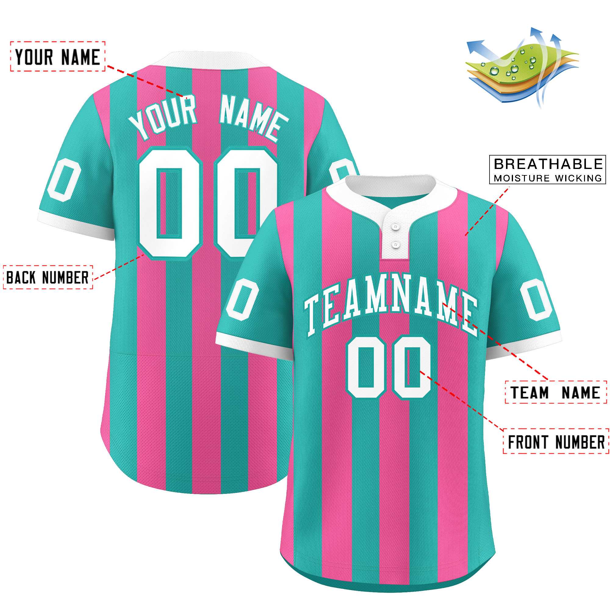 Custom Aqua Pink Stripe Fashion Authentic Two-Button Baseball Jersey