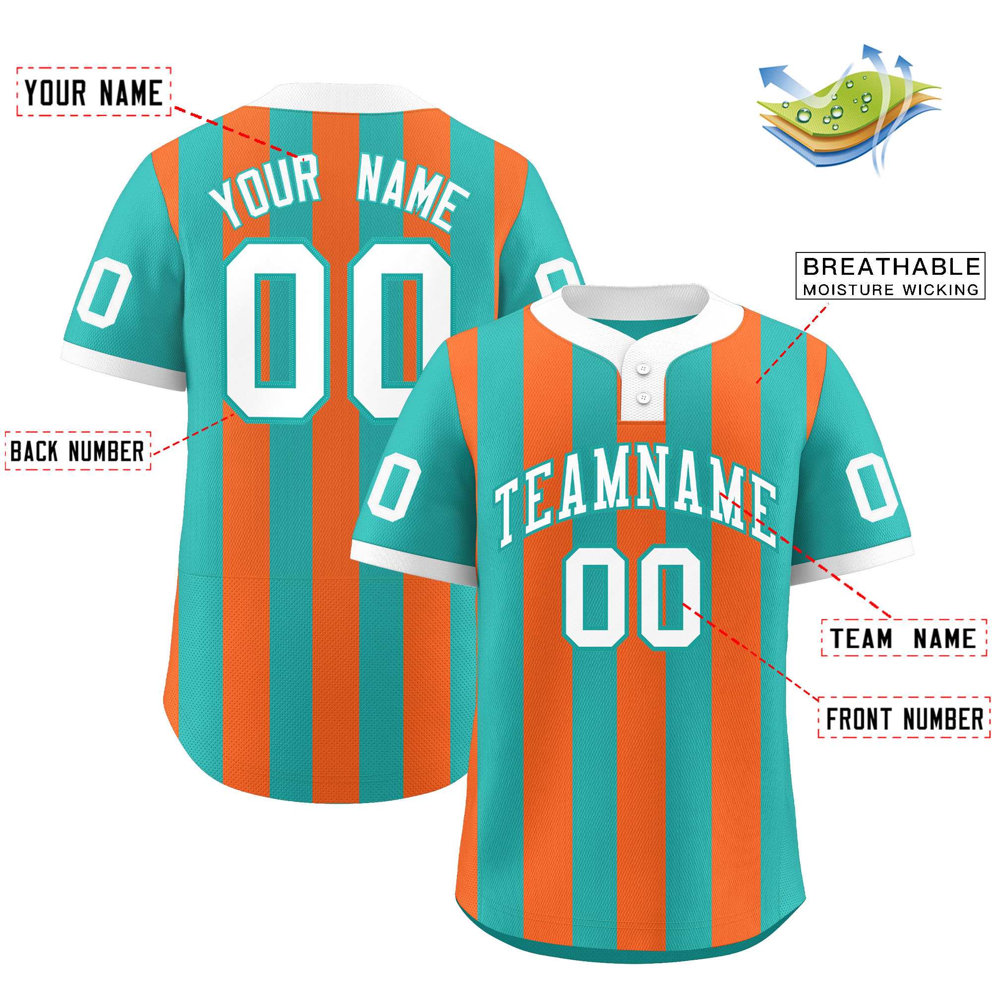 Custom Aqua Orange Stripe Fashion Authentic Two-Button Baseball Jersey