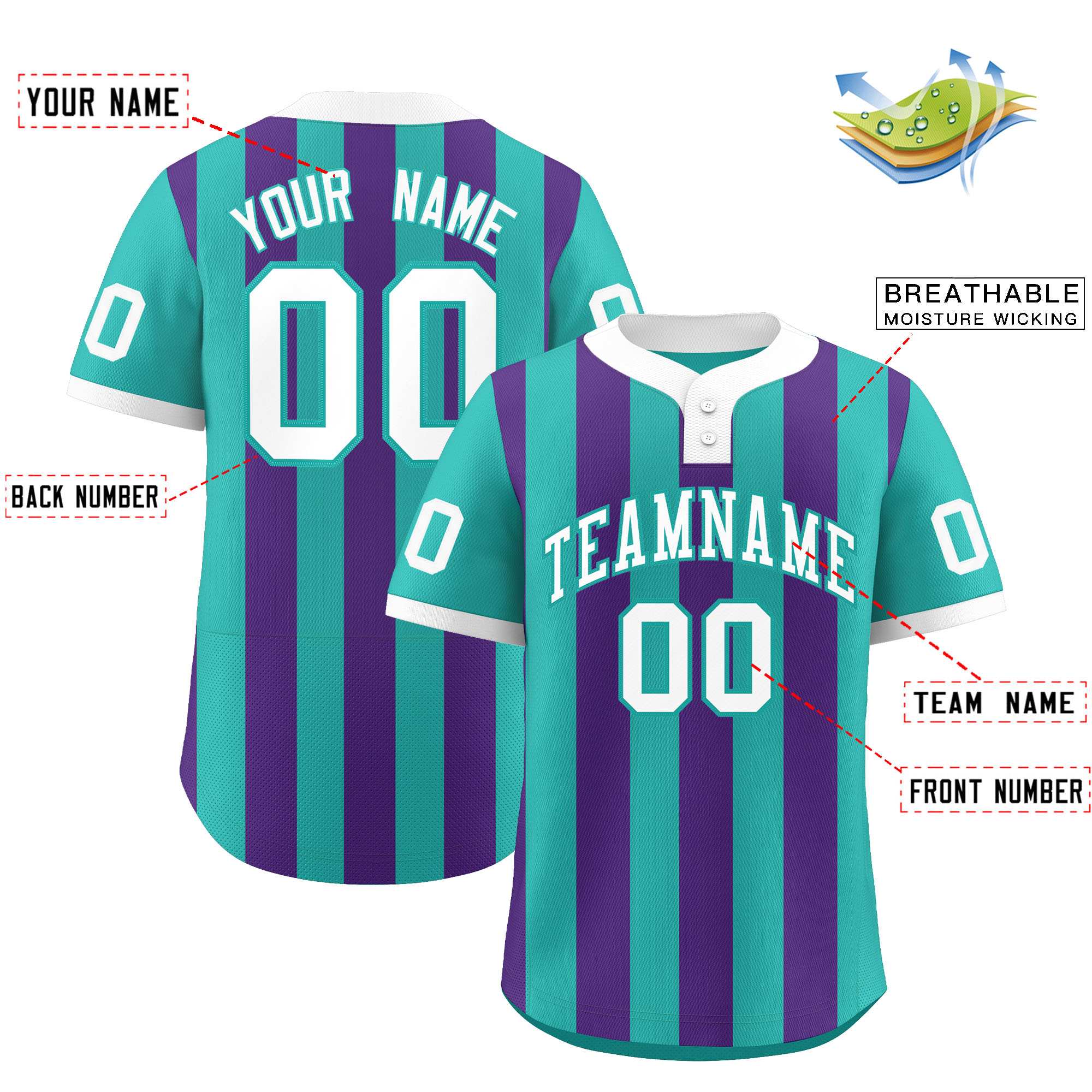 Custom Aqua Purple Stripe Fashion Authentic Two-Button Baseball Jersey