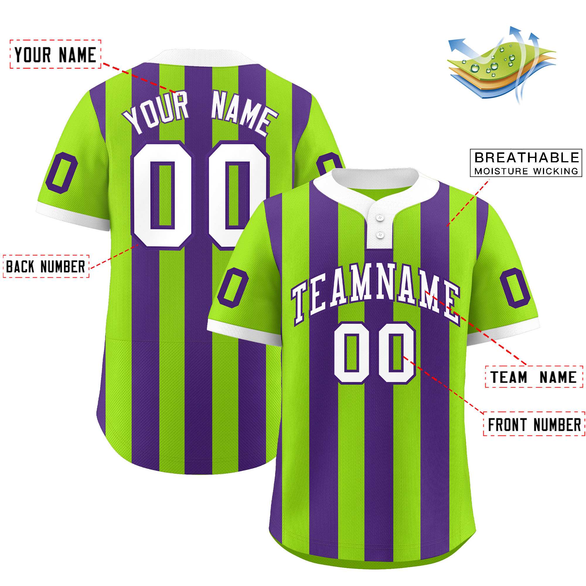 Custom Neon Green Purple Stripe Fashion Authentic Two-Button Baseball Jersey