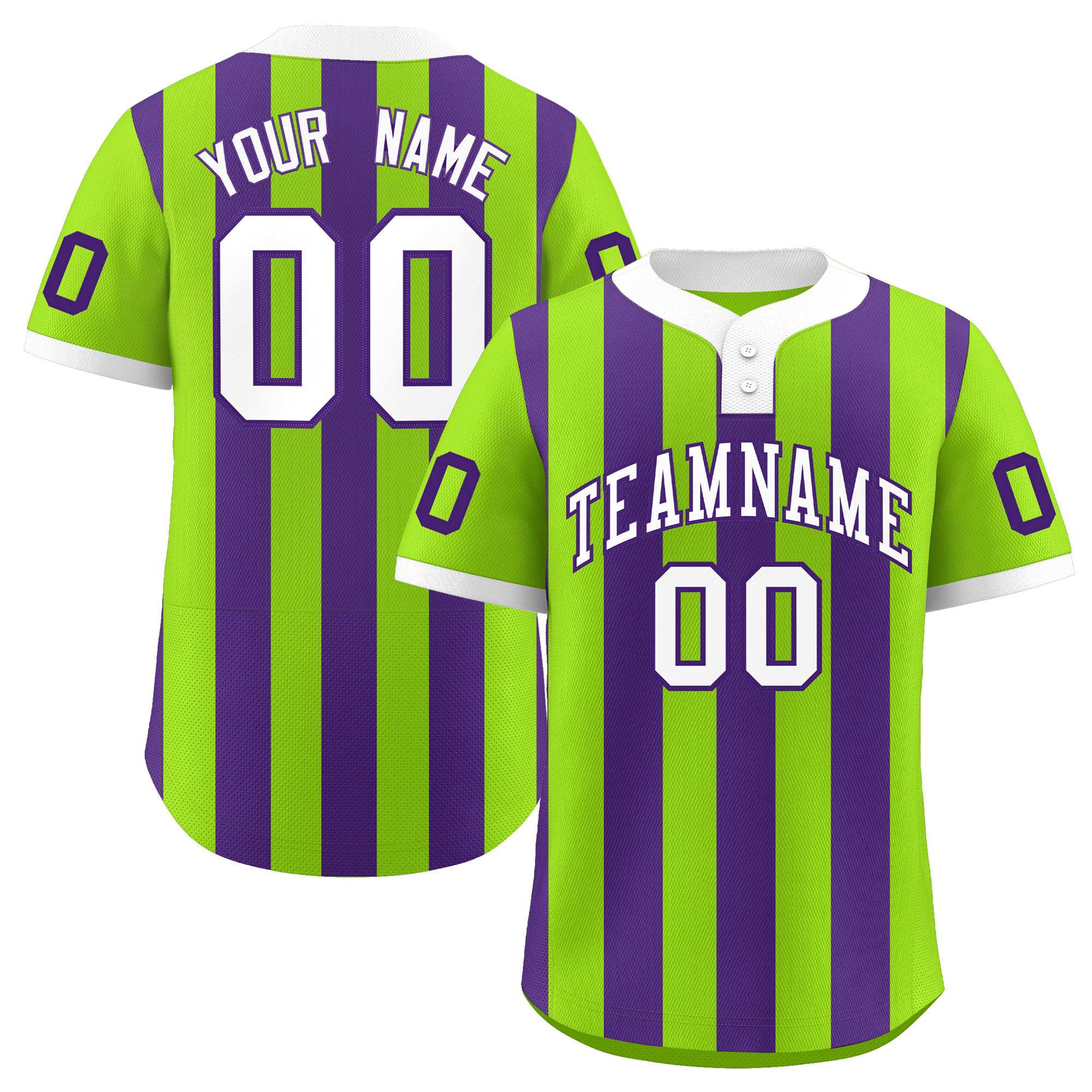 Custom Neon Green Purple Stripe Fashion Authentic Two-Button Baseball Jersey