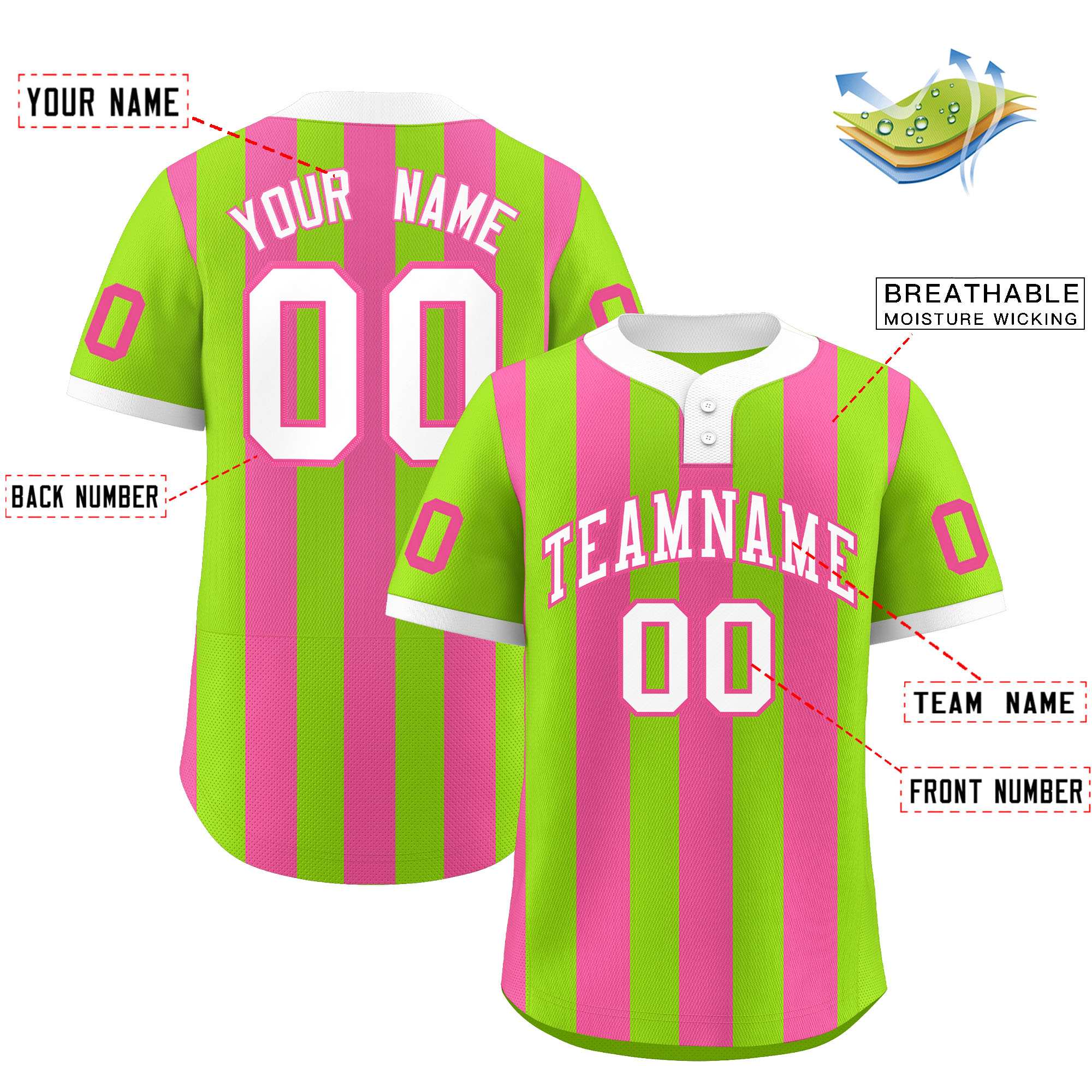 Custom Neon Green Pink Stripe Fashion Authentic Two-Button Baseball Jersey