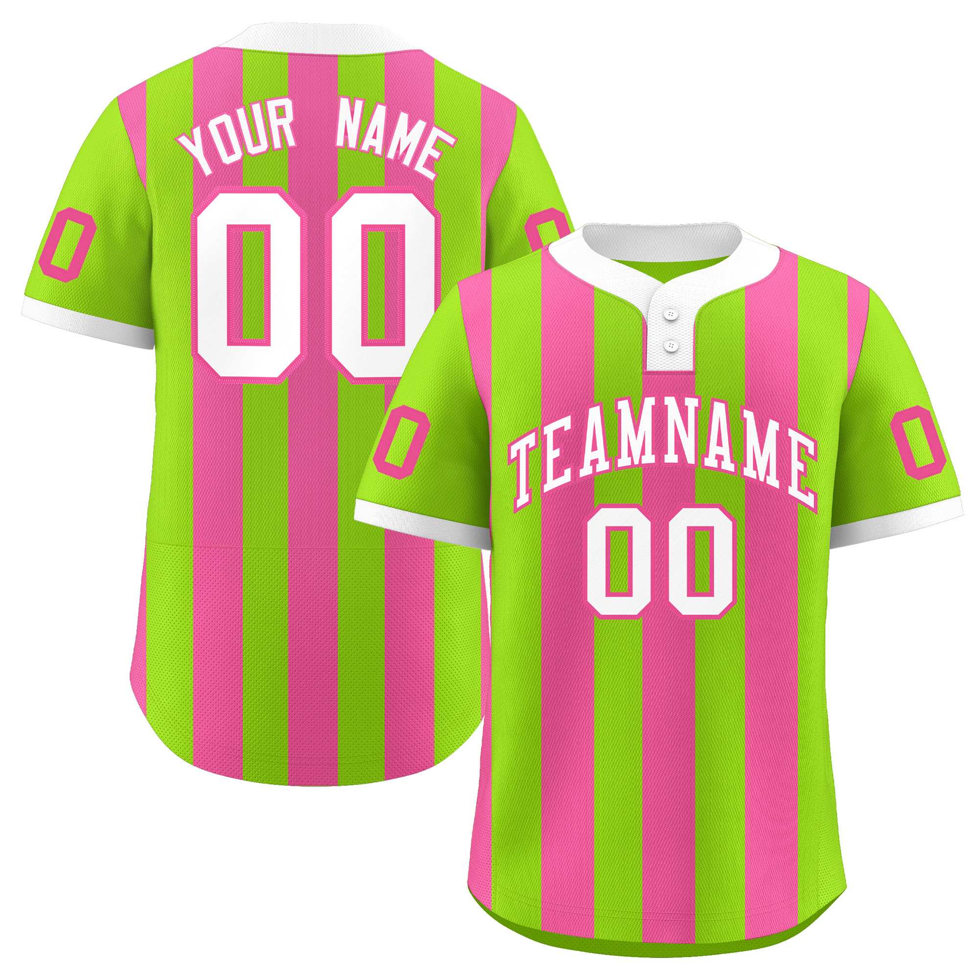 Custom Neon Green Pink Stripe Fashion Authentic Two-Button Baseball Jersey