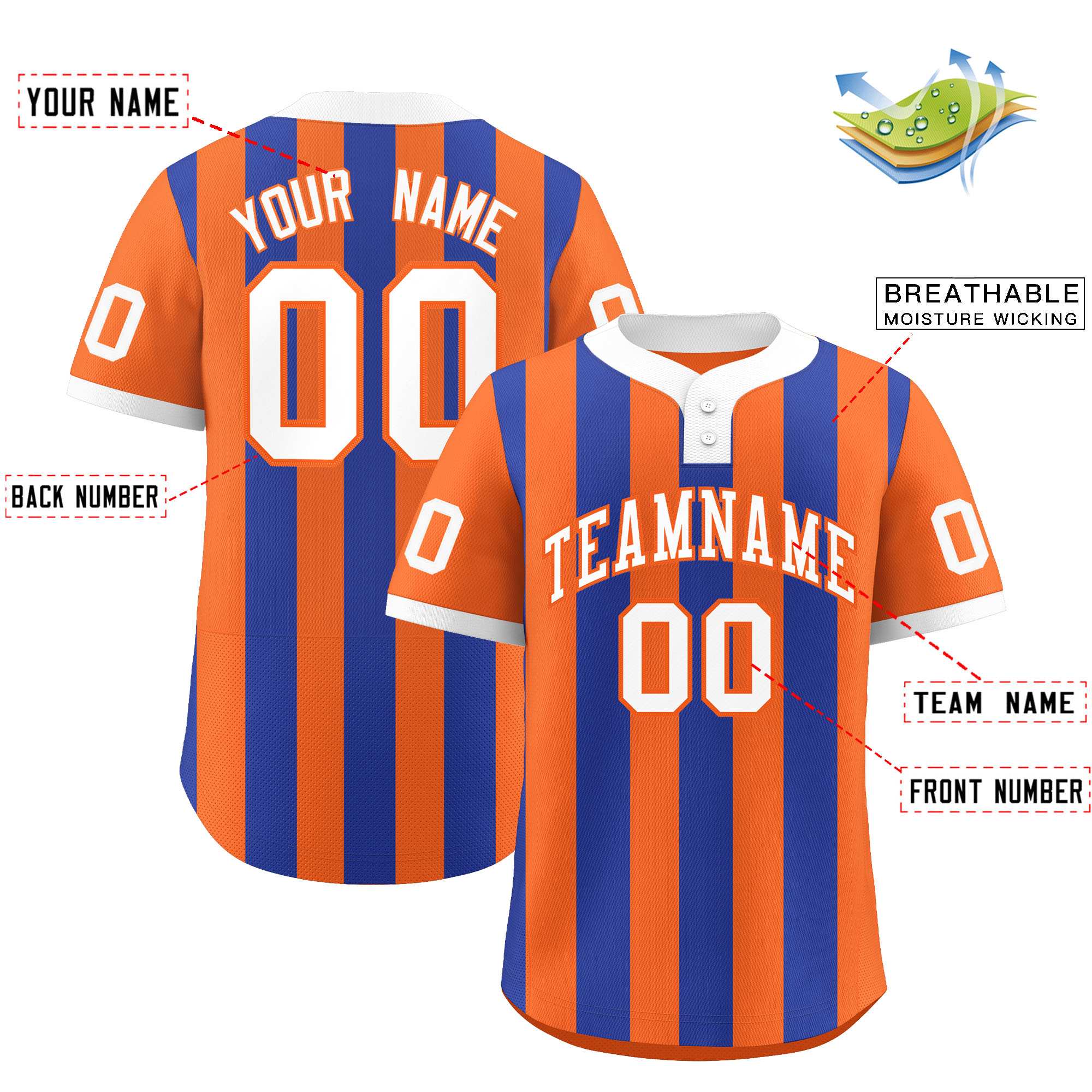 Custom Orange Royal Stripe Fashion Authentic Two-Button Baseball Jersey