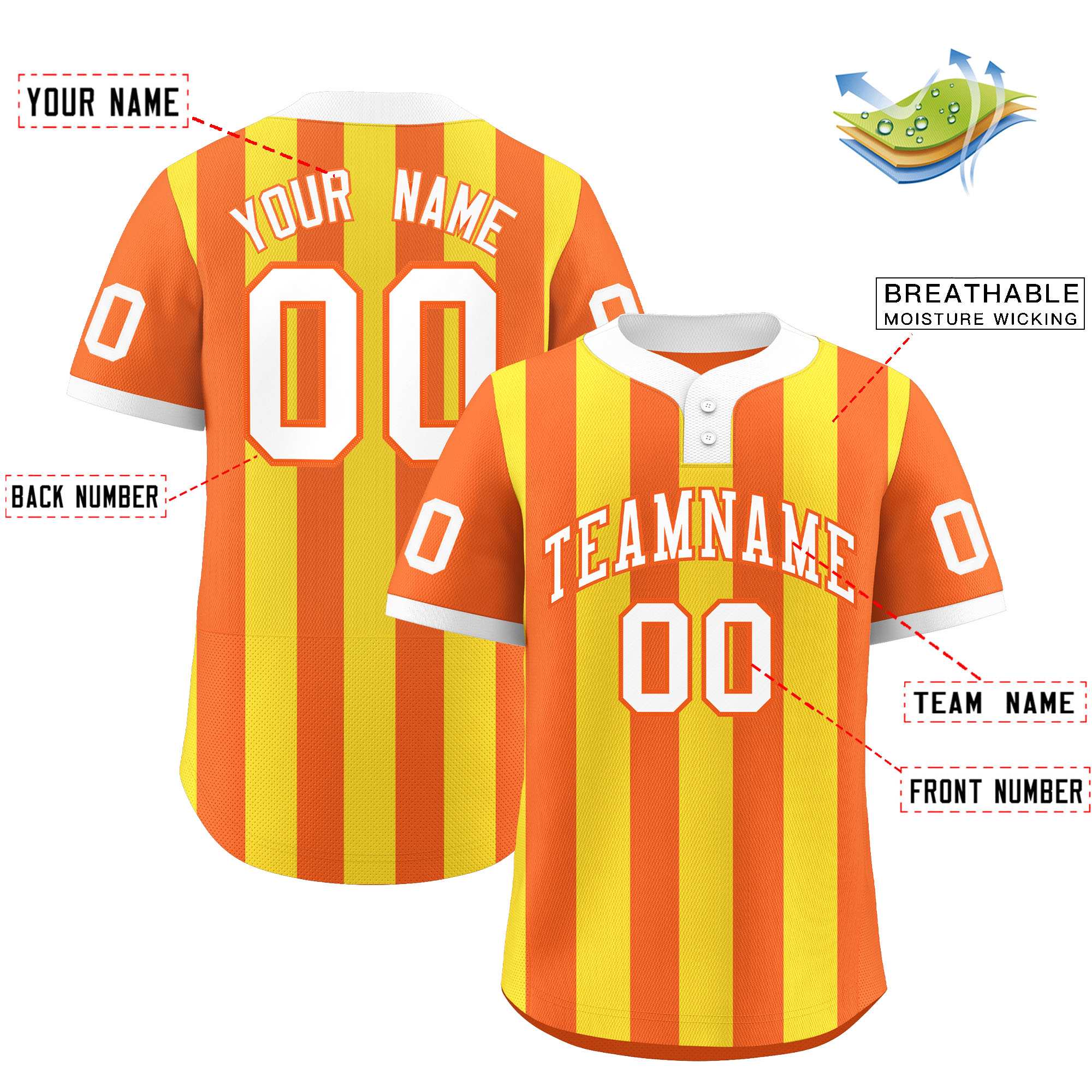 Custom Orange Gold Stripe Fashion Authentic Two-Button Baseball Jersey