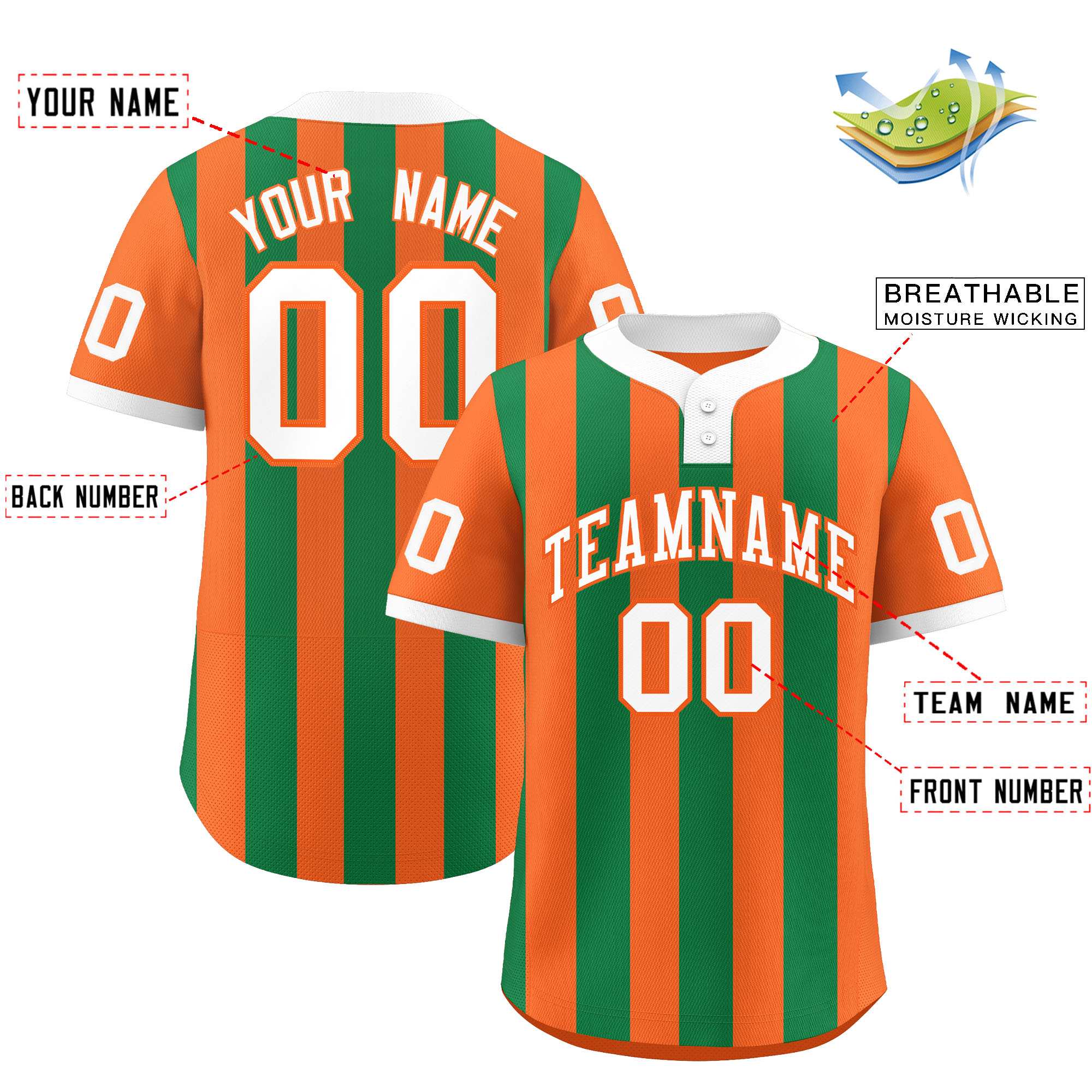 Custom Orange Kelly Green Stripe Fashion Authentic Two-Button Baseball Jersey