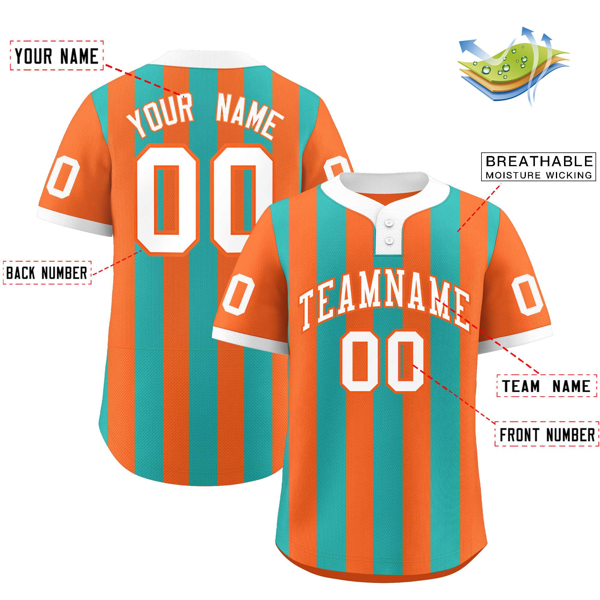 Custom Orange Aqua Stripe Fashion Authentic Two-Button Baseball Jersey