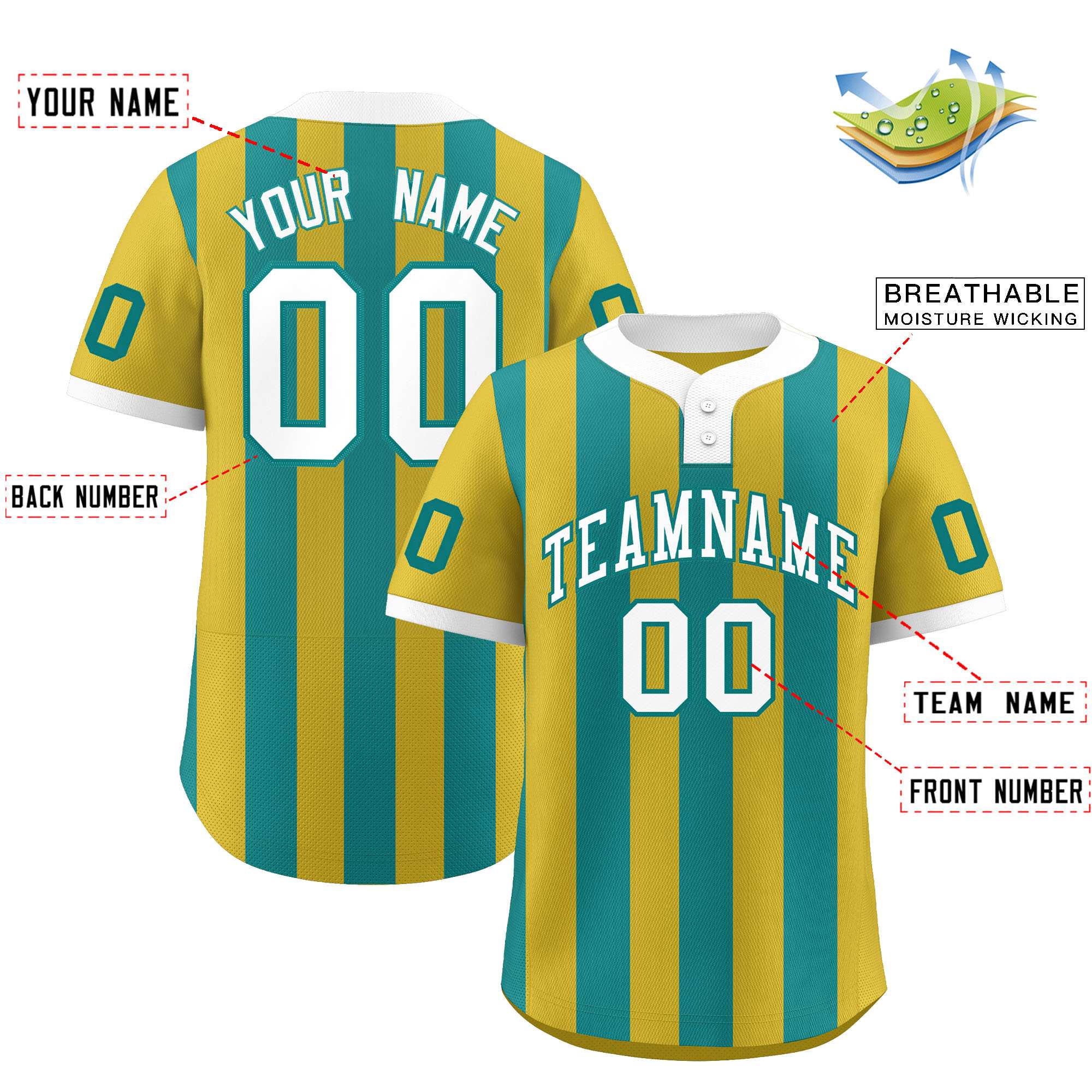 Custom Old Gold Aqua Stripe Fashion Authentic Two-Button Baseball Jersey