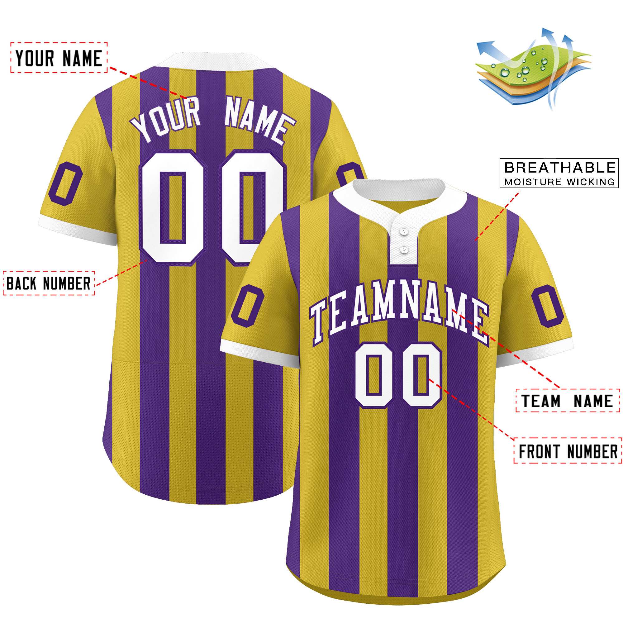 Custom Old Gold Purple Stripe Fashion Authentic Two-Button Baseball Jersey