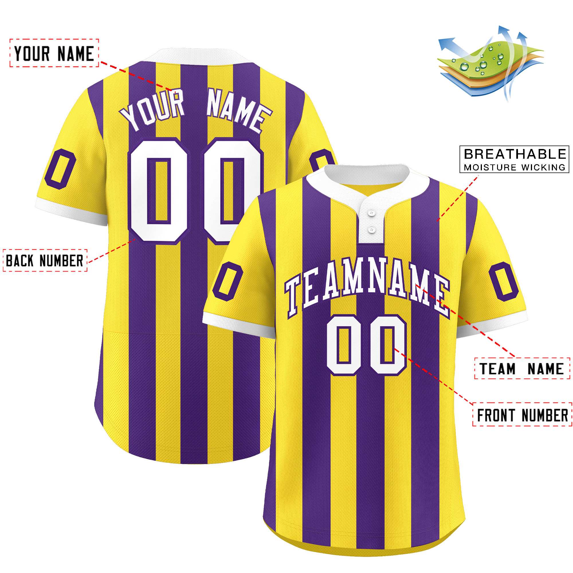 Custom Gold Purple Stripe Fashion Authentic Two-Button Baseball Jersey