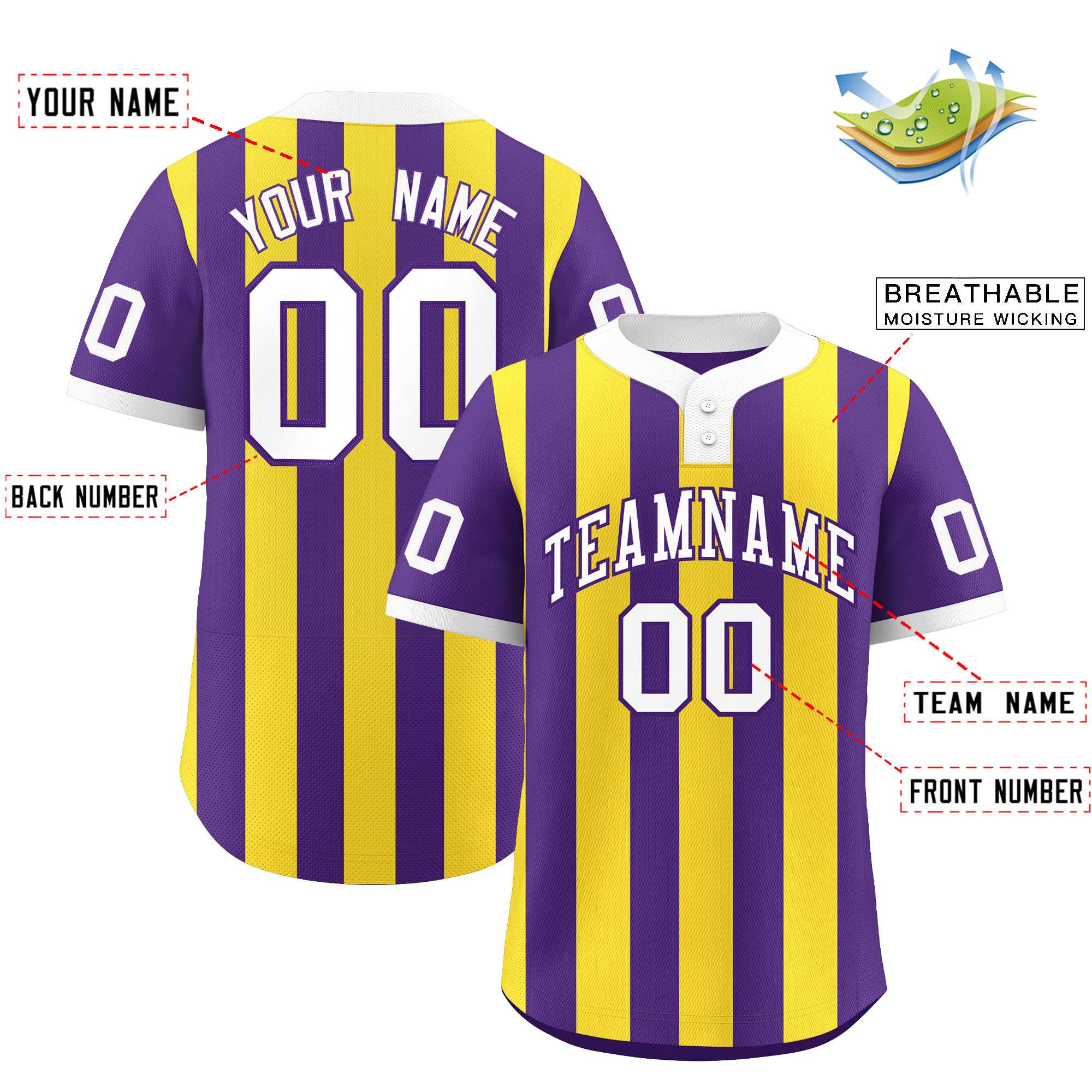 Custom Purple Gold Stripe Fashion Authentic Two-Button Baseball Jersey