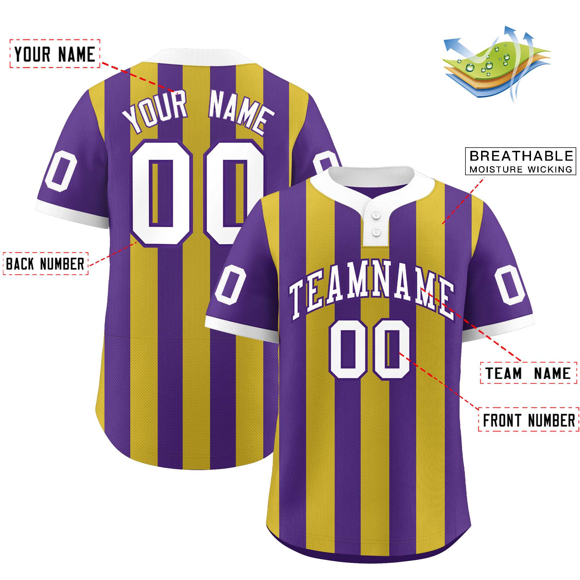 Custom Purple Old Gold Stripe Fashion Authentic Two-Button Baseball Jersey