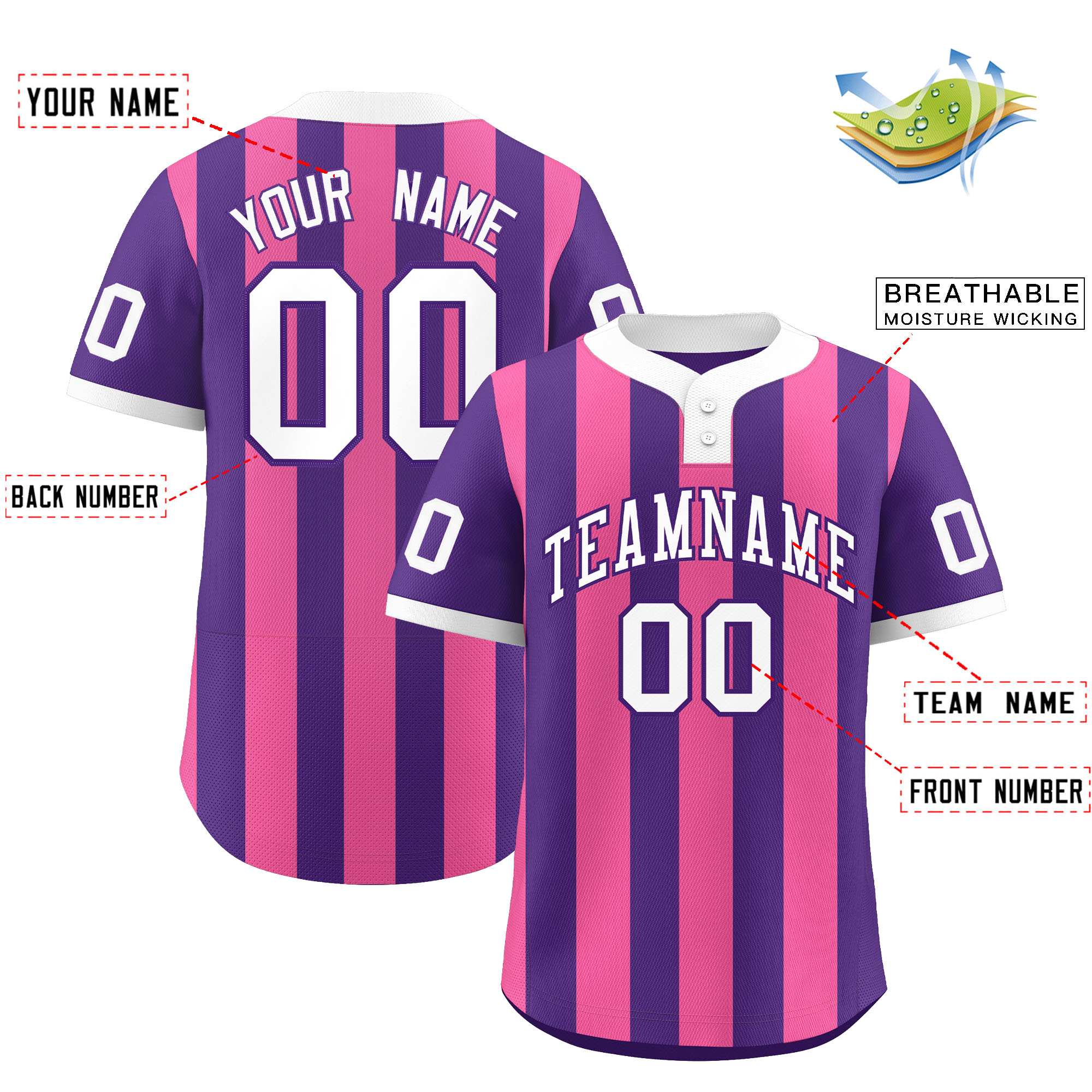 Custom Purple Pink Stripe Fashion Authentic Two-Button Baseball Jersey