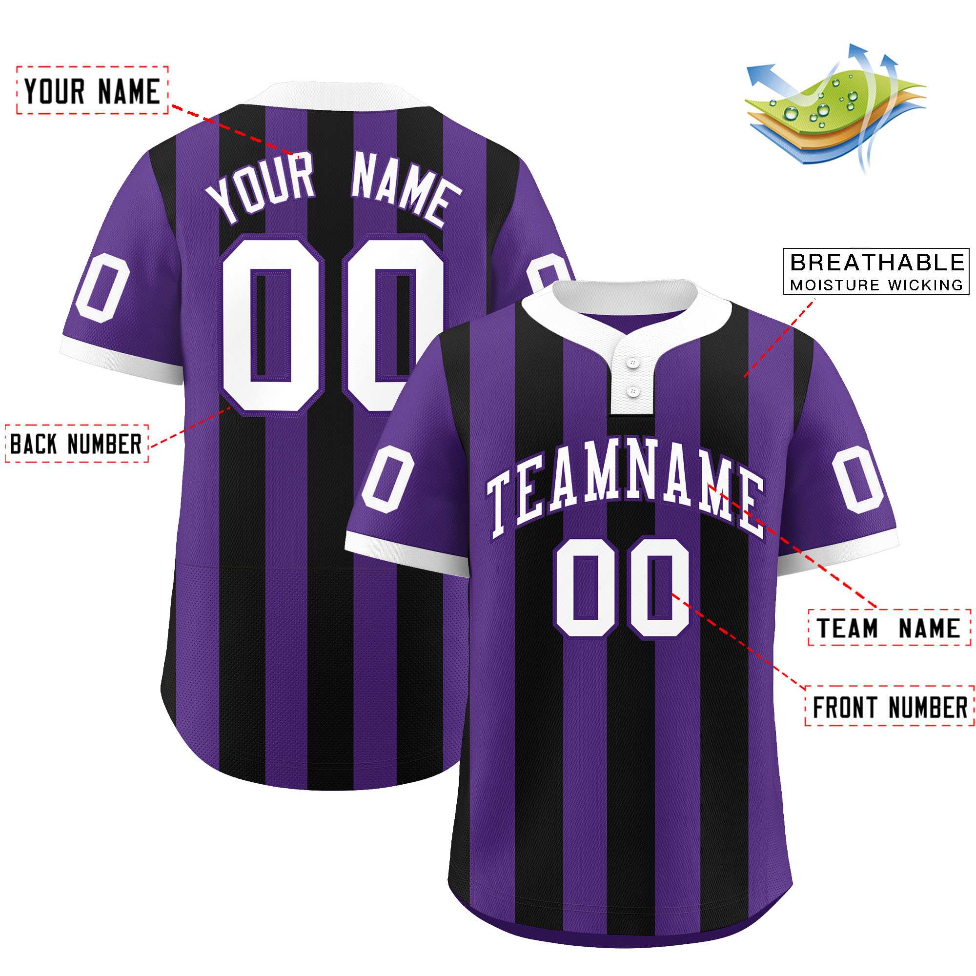 Custom Purple Black Stripe Fashion Authentic Two-Button Baseball Jersey