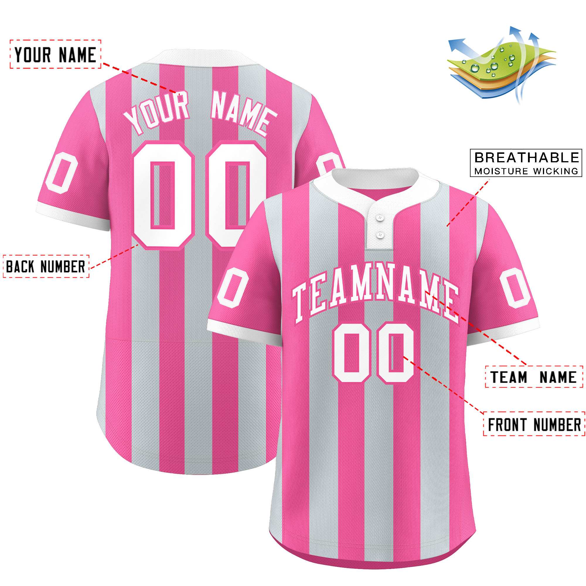 Custom Silver Pink Stripe Fashion Authentic Two-Button Baseball Jersey